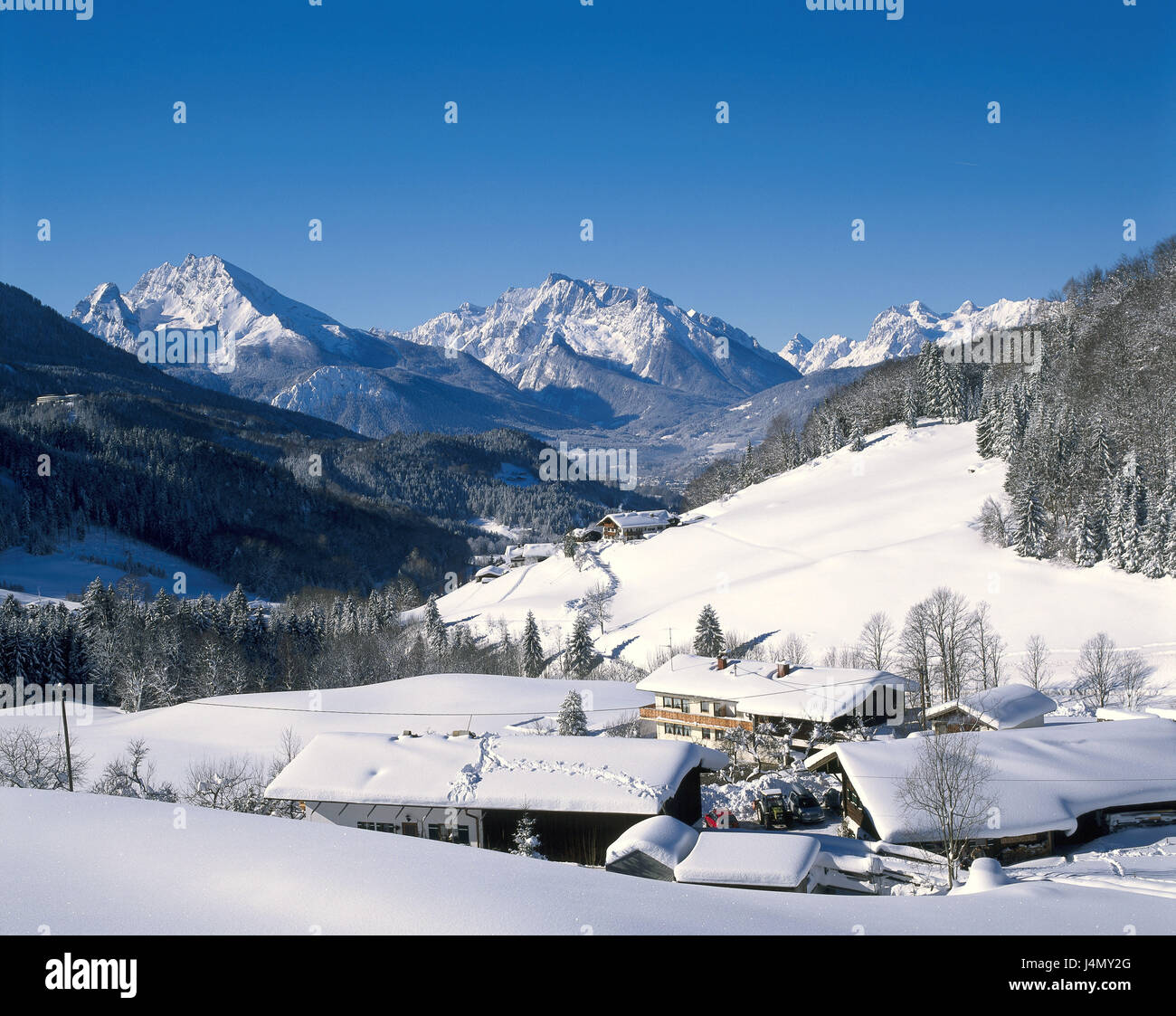 Deutschland, Berchtesgadener Land, Oberau, lokale Übersicht, winter, Europa, Bayern, Berchtesgaden, Häuser, Wohnhäuser, Landschaft, Berge, Watzmann, bluten, Alp, Landschaft, Berge, Berge, Natur, tief verschneiten, winterlichen, kalt, Saison, Kälte für hohe, Stockfoto