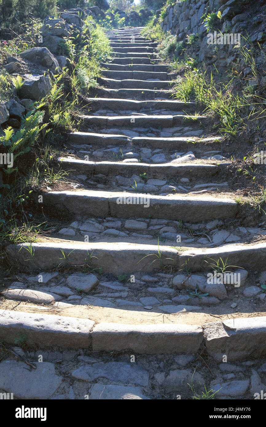 Italien, Ligurien, Manarola, via Dell' Amor, Weg, steinerne Treppe von unten Europa, Mittelmeer-Küste, Mittelmeer, Nord-Italien, Cinque Terre, Riviera Tu der Levante, Wanderweg, Wanderweg, natürliche Steintreppe, Konzeption, Ruhe, Stille, Idylle, menschenleer, Einsamkeit, malerisch, Förderung, Ziel, Erfolg, Karriere Stockfoto