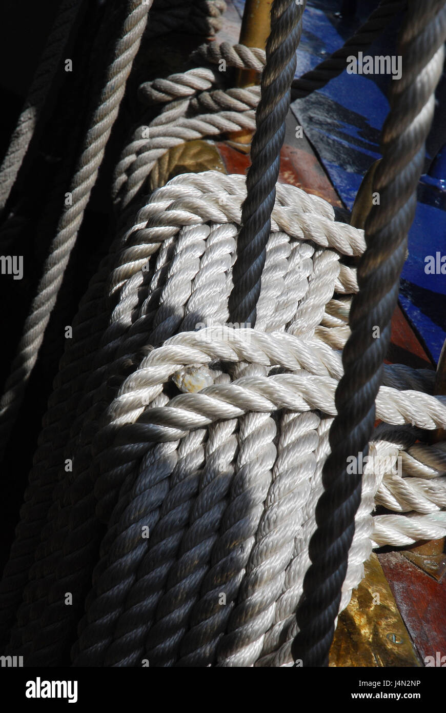 Segelschiff, Seile, befestigt, Segelschule Schiff Gorch Fock, mittlere Nahaufnahme, Detail, Stockfoto
