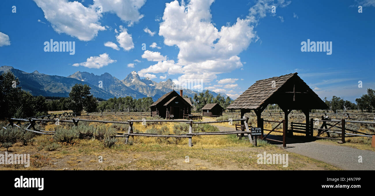 USA, Wyoming, bundesweit Grand Teton park, Kapelle des Trans-Figuration, Nordamerika, Landschaft, Berge, Natur, Band, Zaun, Ort von Interesse, Reiseziel, Tourismus, Stockfoto