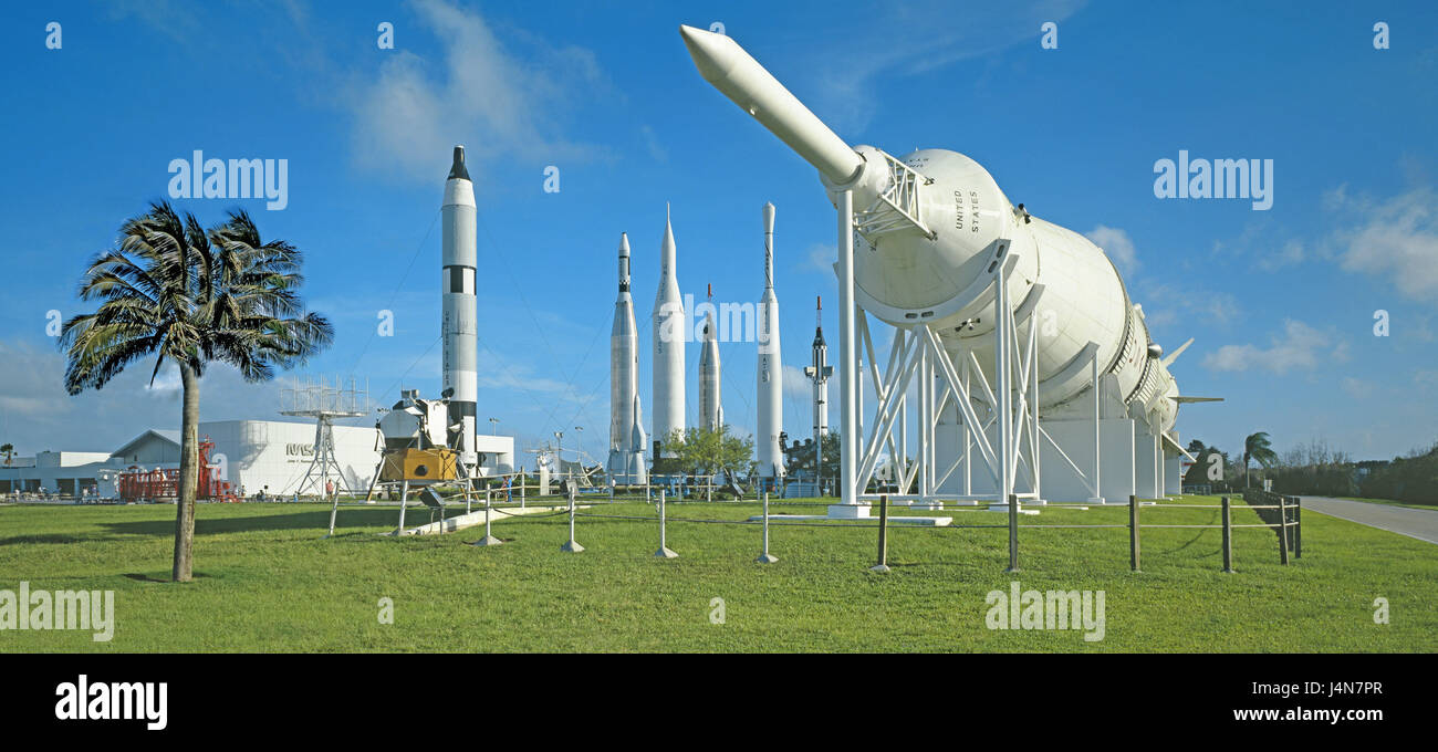 USA, Florida, Cape Canaveral, Kennedy Space Center, Rakete Garten, Nordamerika, Rakete testen Boden, Ausbildungszentrum, NASA-Bereich, US air Force, ungedeckten Bereich, Raumfahrt, Ort von Interesse, Reiseziel, Tourismus, Palm, Stockfoto