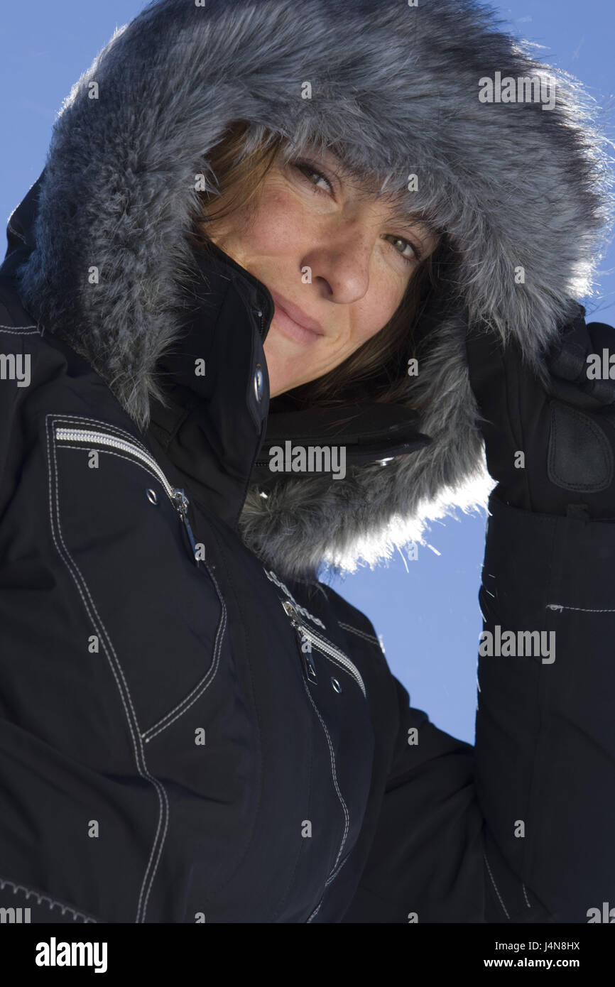 Skifahrer, Haube, Lächeln, Porträt, Modell veröffentlicht, Stockfoto