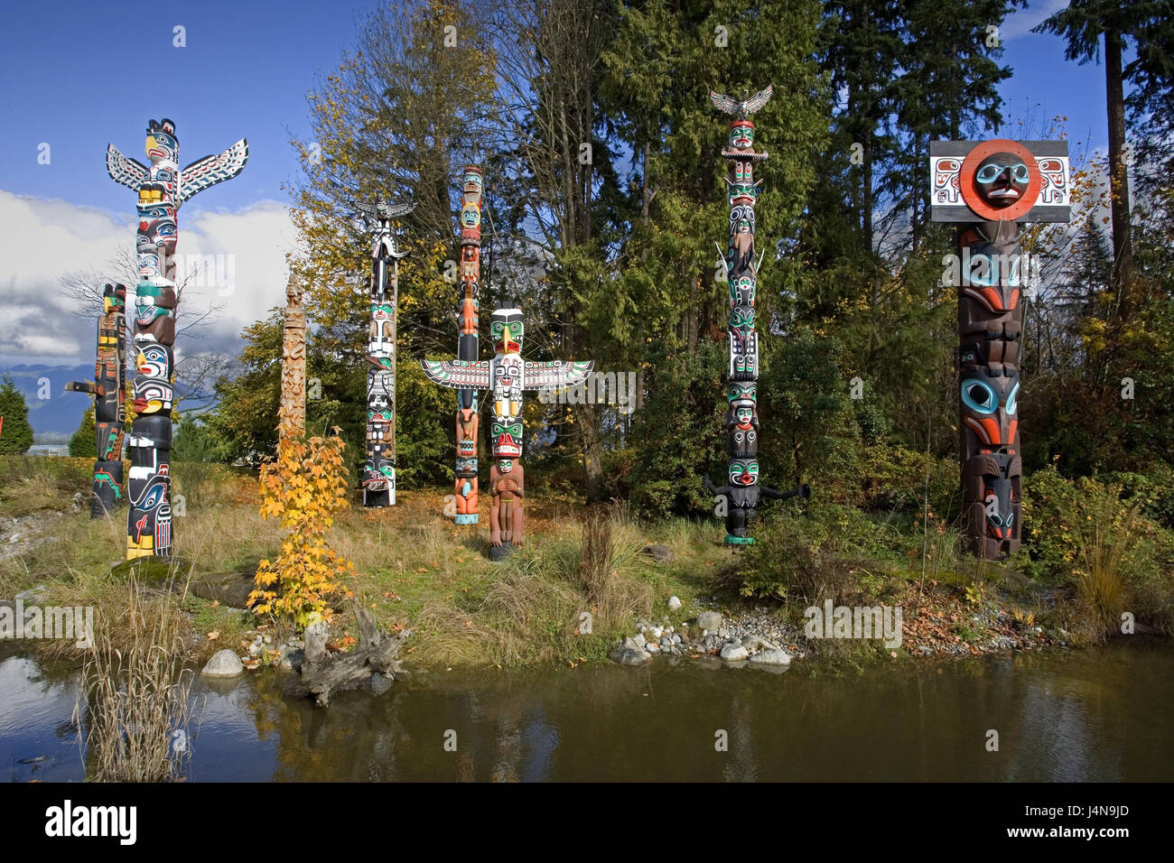 Kanada, British Columbia, Vancouver, Stanley Park, Totem, Nordamerika, Ort von Interesse, Ziel, Polen, Carving, St. Kunst, Skulptur, Bildhauerei, Totem-Pole, indische, Kultur, Küste, Stockfoto