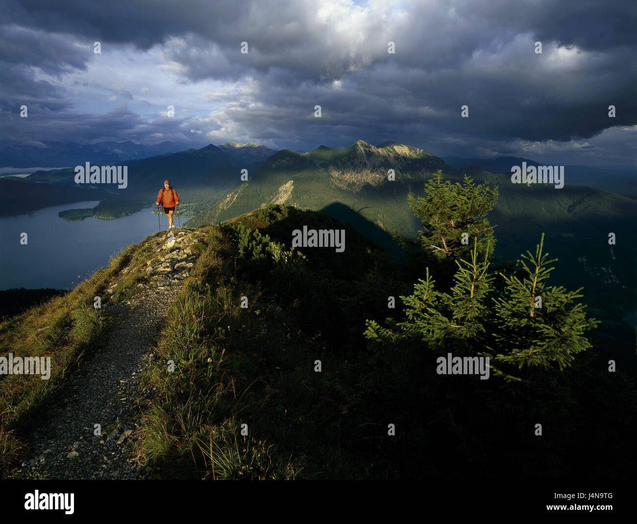 Deutschland, Bayern, Col Berg, Bergsteiger, Spaziergang, Berglandschaft, Walchensee Stockfoto