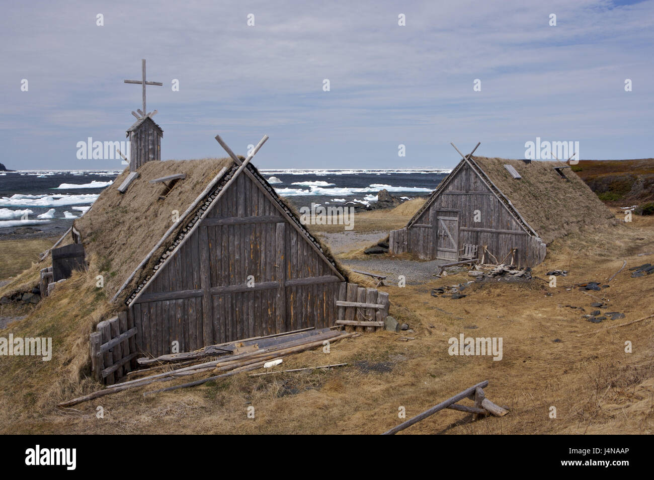 Kanada, Neufundland, Norstead Viking Website, Freilichtmuseum, Häuser, Dächer Rasen, Stockfoto