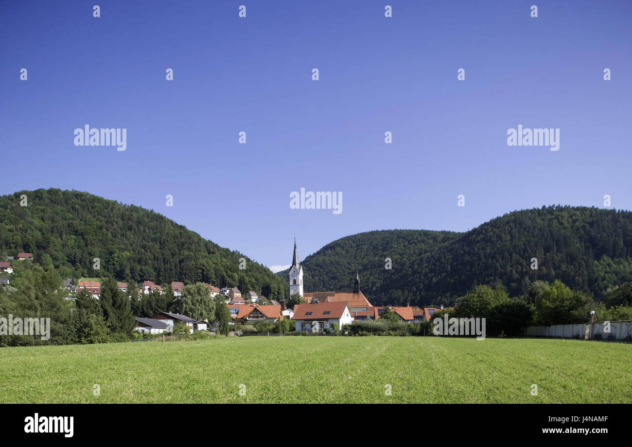 Österreich, Steiermark, Maria Lankowitz, Wallfahrt, Kirche, lokale Ansicht, Ort der Pilgerfahrt, Ort, Wallfahrt, Gebäude, der Pilgerstätte, Kirche, Struktur, Architektur, Wahrzeichen, glauben, Religion, Christentum, Ort von Interesse, Wohn-Häuser, Häuser, Hügel, Bäume, verlassenen, Sonne, Himmel, blau, Stockfoto