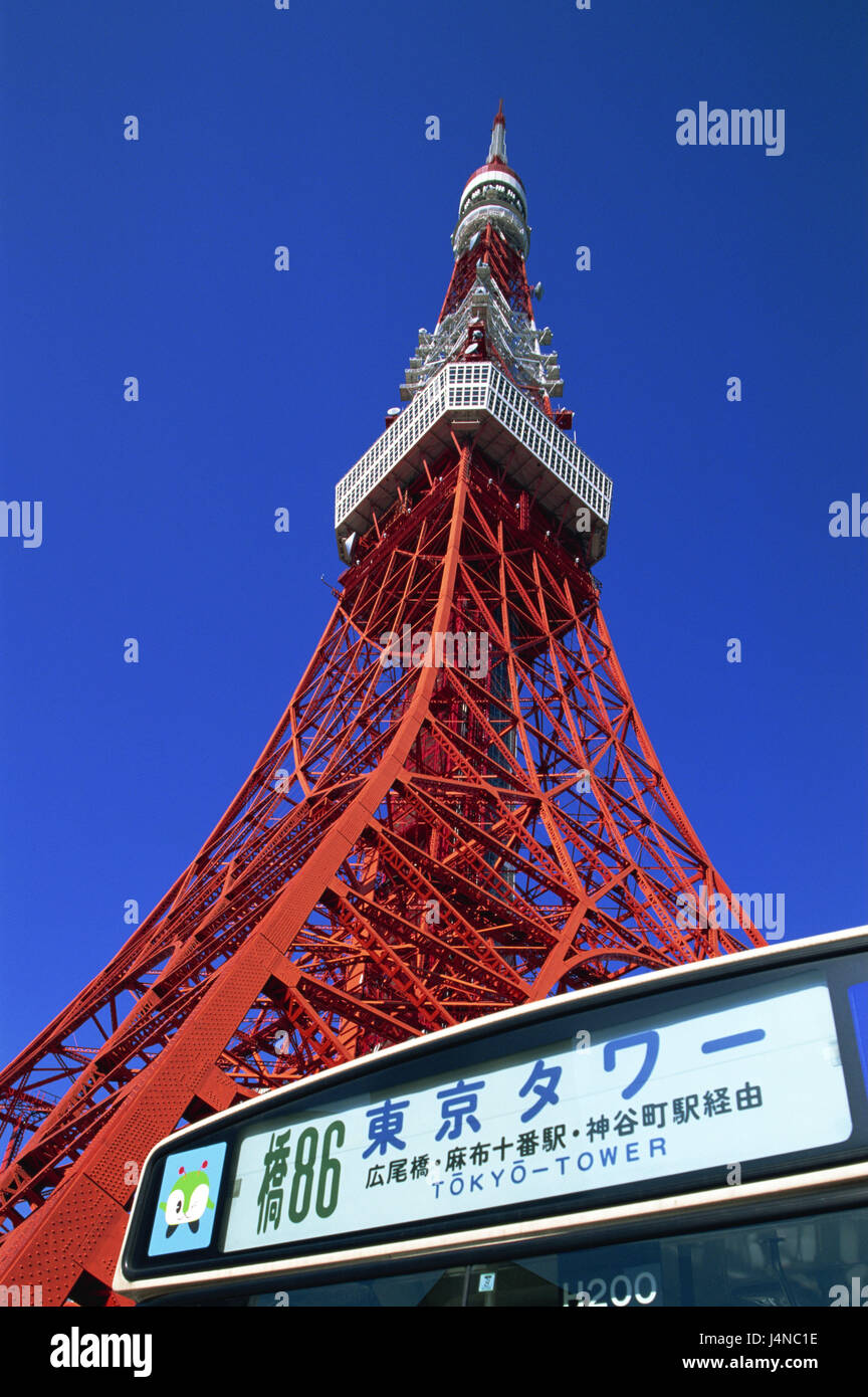 Honshu, Japan, Tokyo, Tokyo Tower, detail, Asien, Tourismus, Reiseziel, Turm, Bau, rot, Himmel, Zeichen, Bus, Sightseeing, Stockfoto