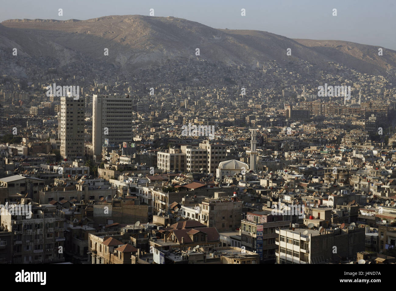 Syrien, Damaskus, Stadt anzeigen, Neustadt, Innenstadt, Innenstadt, Wirtschaftszentrum, Übersicht, Häuser, Gebäude, Hochhäuser, Architektur, Weihrauchstrasse Stockfoto