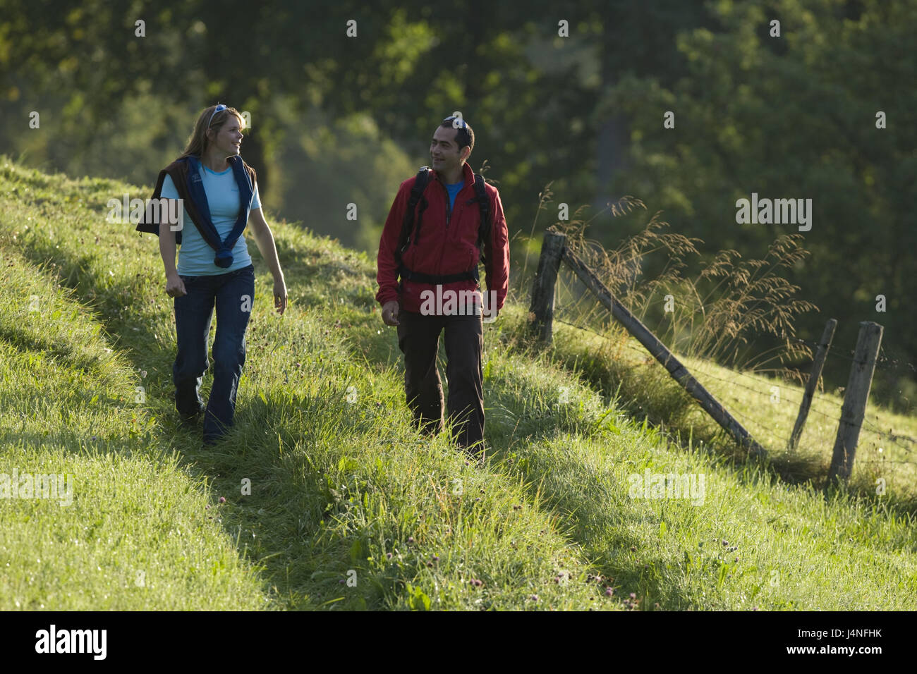 Paar, Spaziergang, Wiese, Feldweg, Modell veröffentlicht, Stockfoto