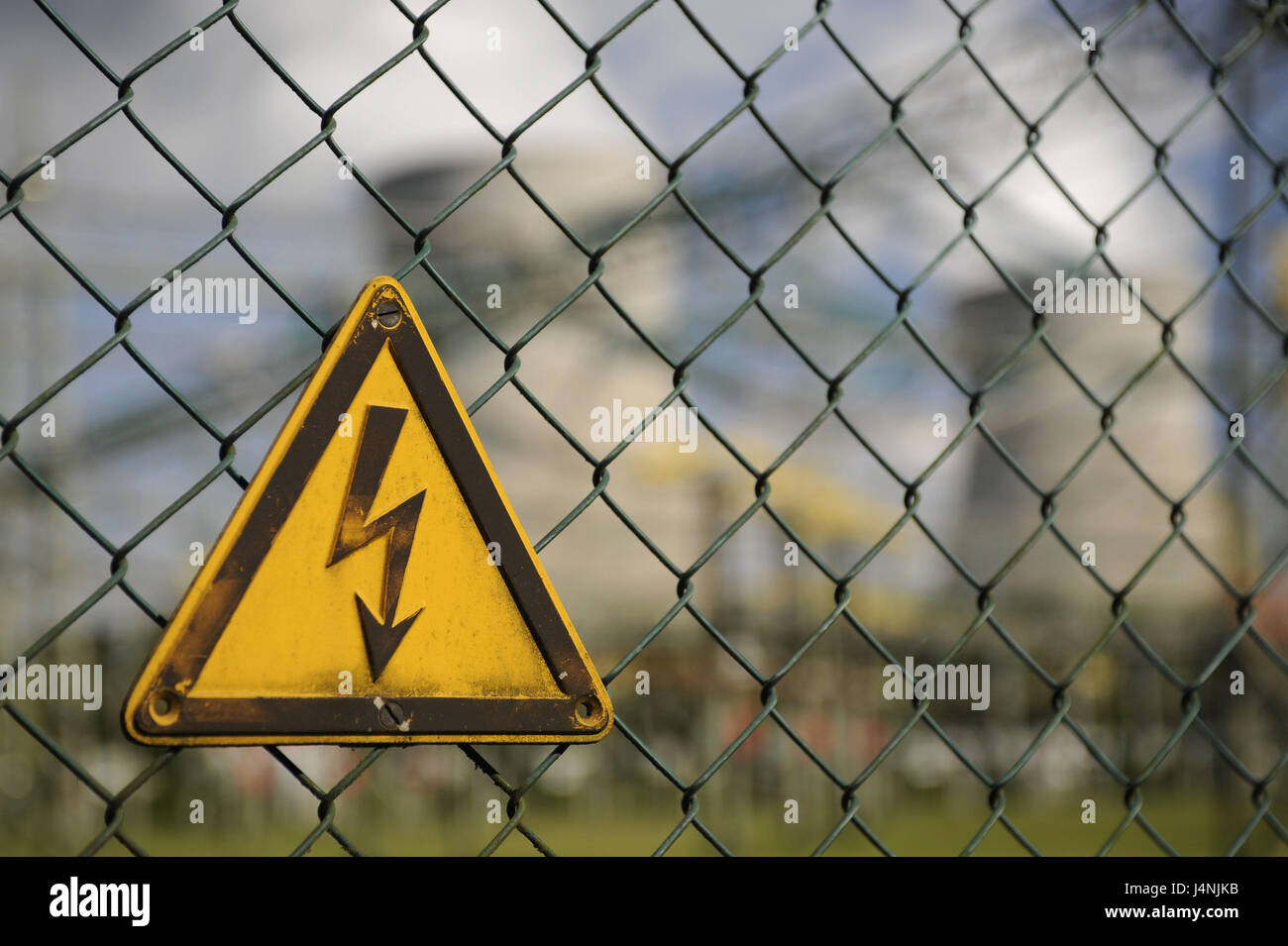 Kernkraftwerk, Zaun, Detail, Gefahr Kind, "elektrische Spannung", Stockfoto