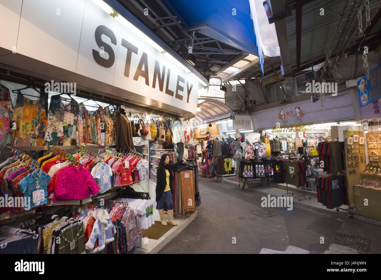 China, Hong Kong, Stanley Market, Asien, Stadt, Stanley, Geschäfte, Geschäft Straße, Markt, Geschäfte, Menschen, Shop, Shop, verkaufen, Kleidung, Souvenirs, Stockfoto