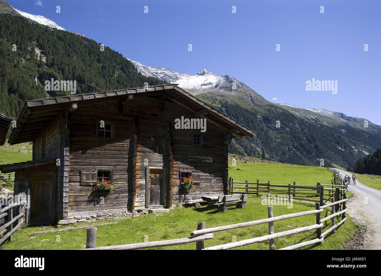 Österreich, Salzburger Land, Krimmler Achental, Mühleggalm, Sommer, Pinzgau, Berglandschaft, Alm, Almhütte, Stahlwerke, Holzhaus, Reiseziel, ländlich, erdig, Forest Road, Person, Wanderer, Hochgebirges, Stockfoto