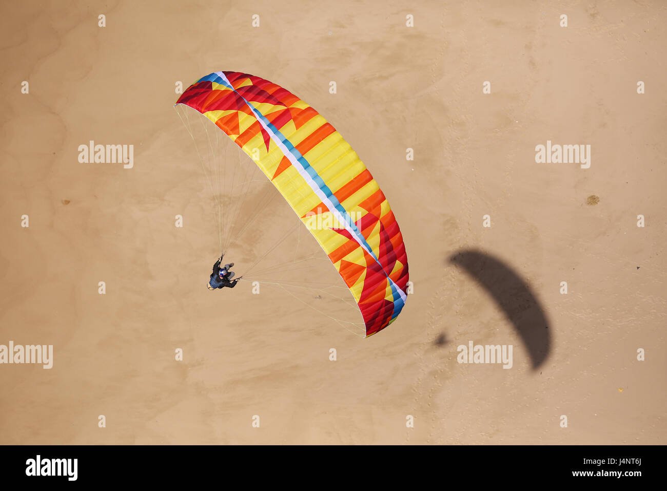 Eine Gleitschirmpilot fliegt über den sandigen Strand von Bicas Strand, Portugal. Stockfoto
