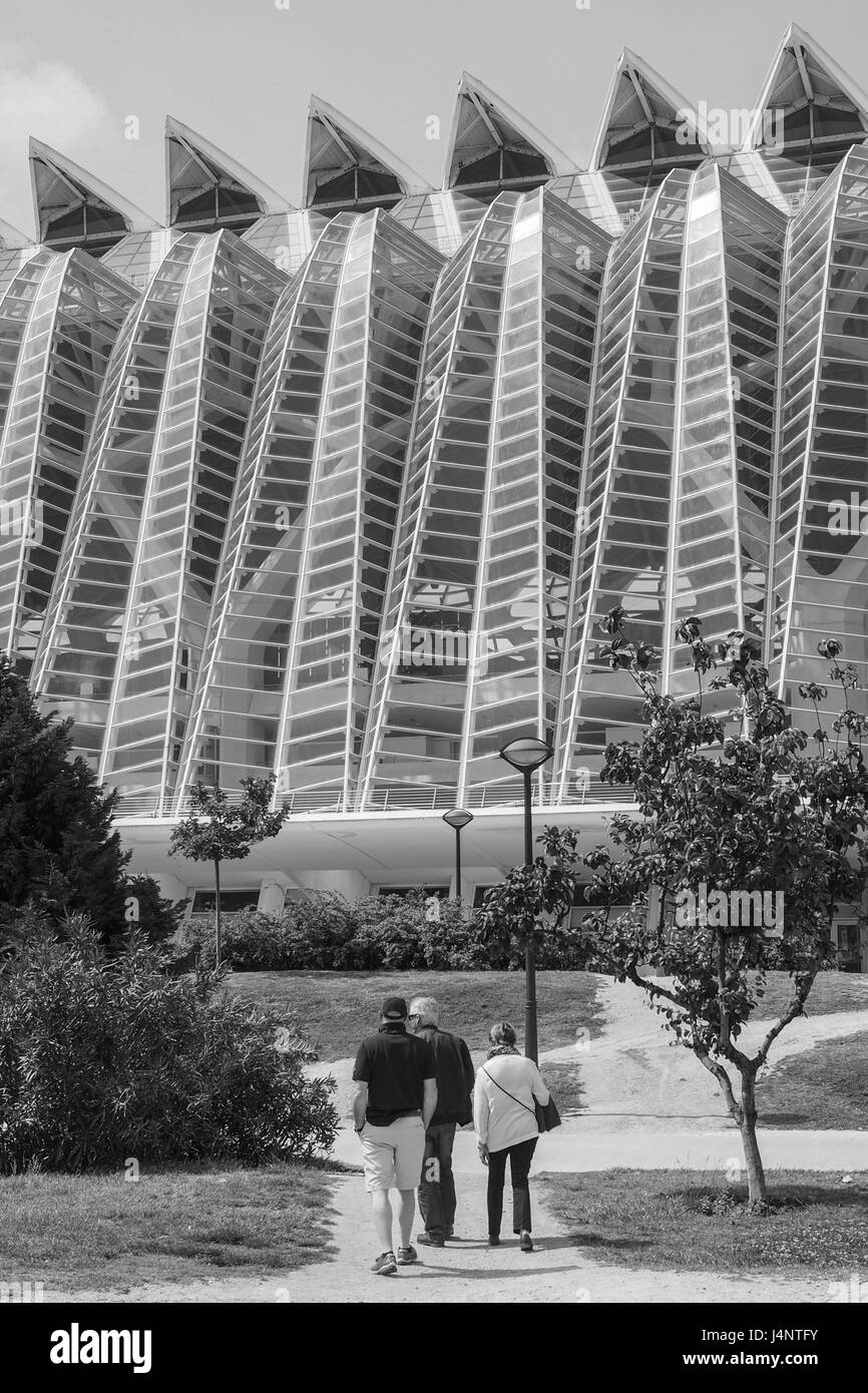 eine Calatrava Architektur Prinz Filipe Science Museum an der kulturellen Zentrum Stadt der Künste und Wissenschaft, schwarz und weiß, Valencia, Spanien Stockfoto