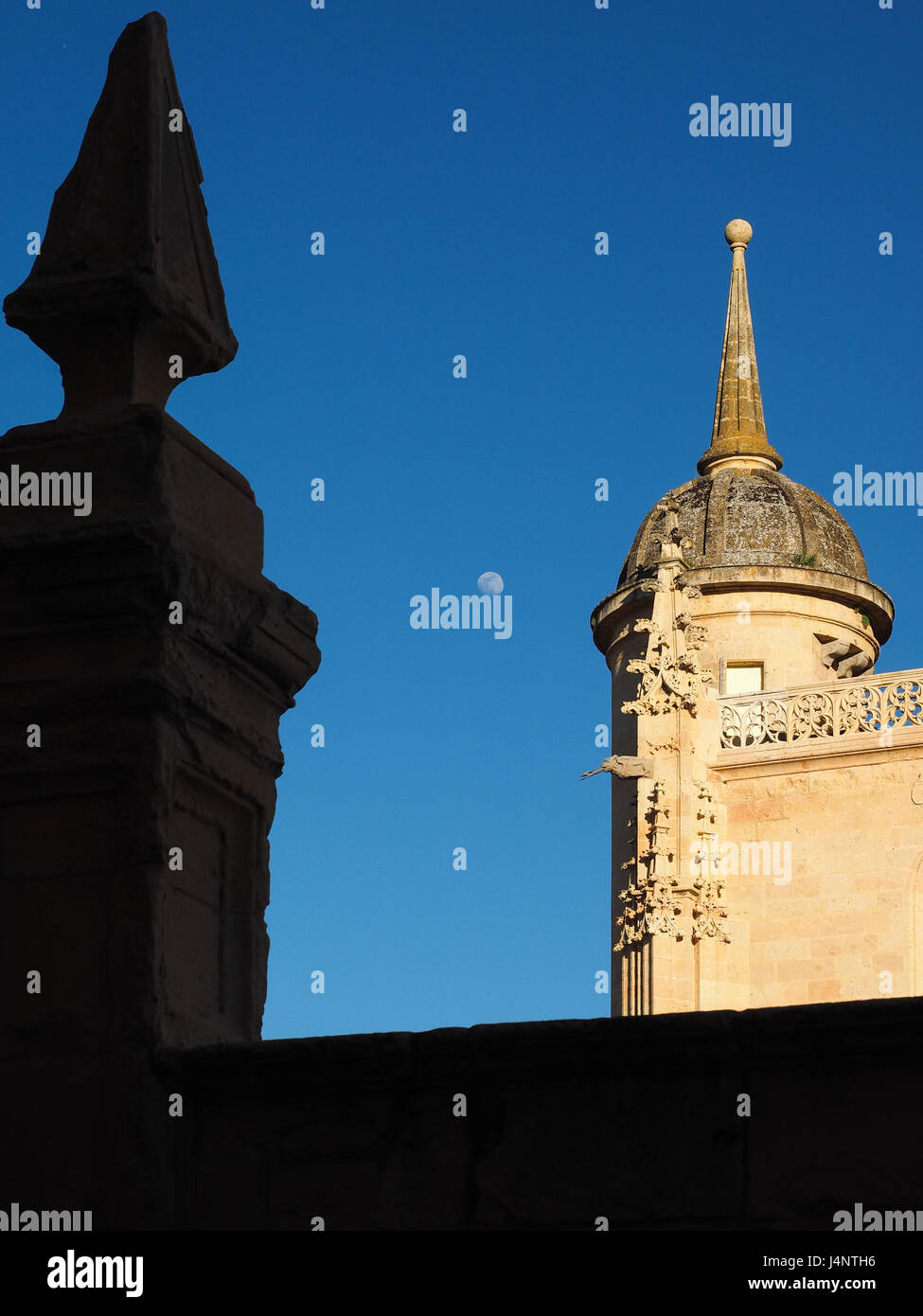 Eine Detailansicht der Catedral Santa Maria Kathedrale Segovia mit Mond in einem klaren blauen Himmel, Segovia Spanien Stockfoto