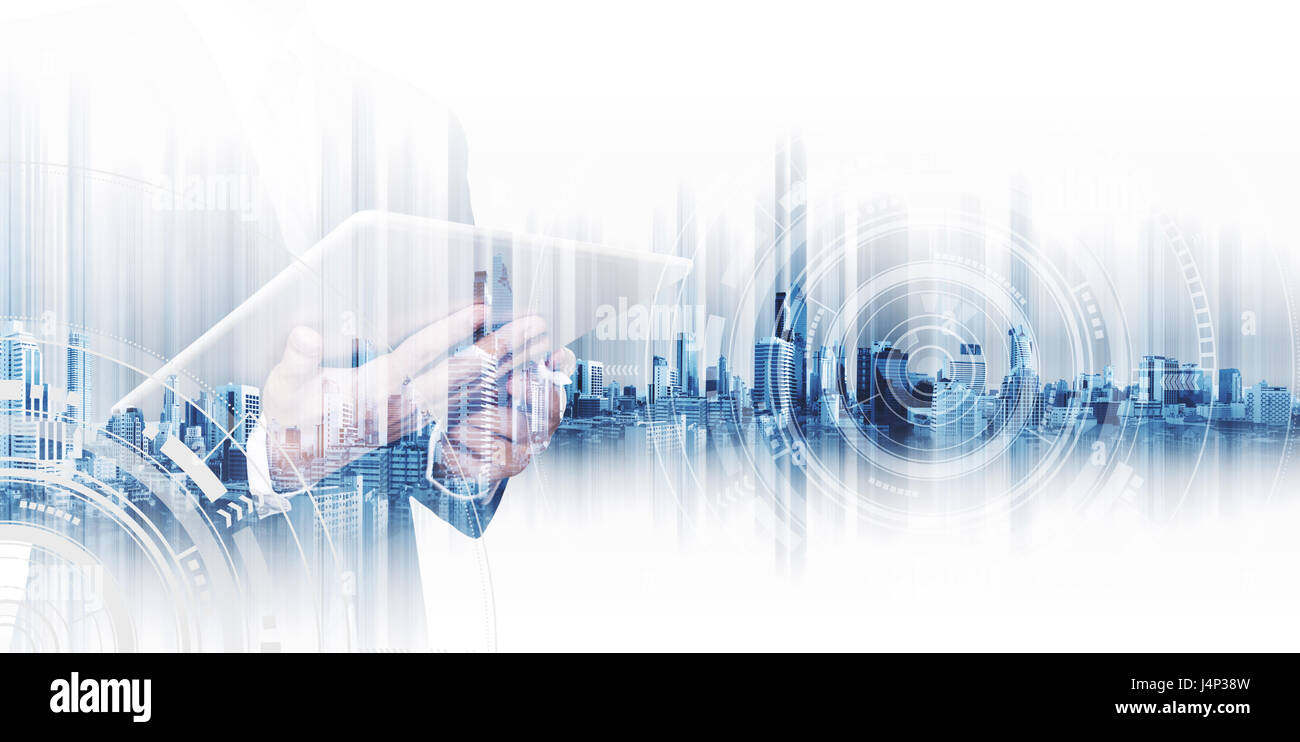 Doppelbelichtung Geschäftsmann arbeiten an digital-Tablette, Konzepte der Business-Technologie-Netzwerk Stockfoto