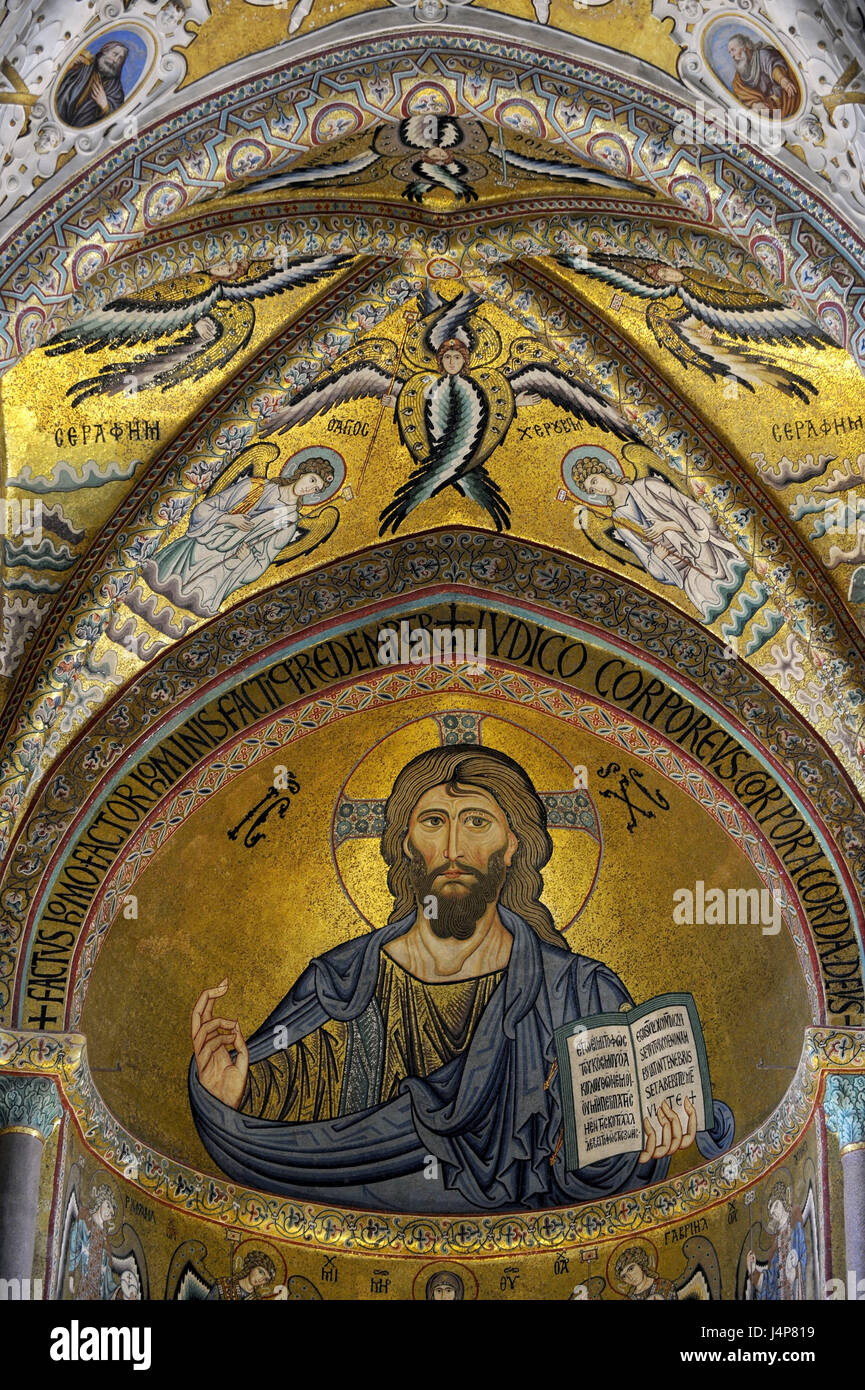 Italien, Insel Sizilien, Cefalu, Kathedrale, Mosaik, Pantocrator Christus, Detail, Stockfoto