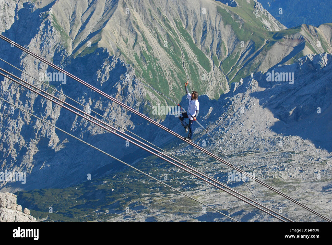Deutschland, Bayern, Werdenfels, Grainau, Zugspitze, Seil-Artistin Freddi Nock, Weltrekord in der Tragseillauf, Stockfoto