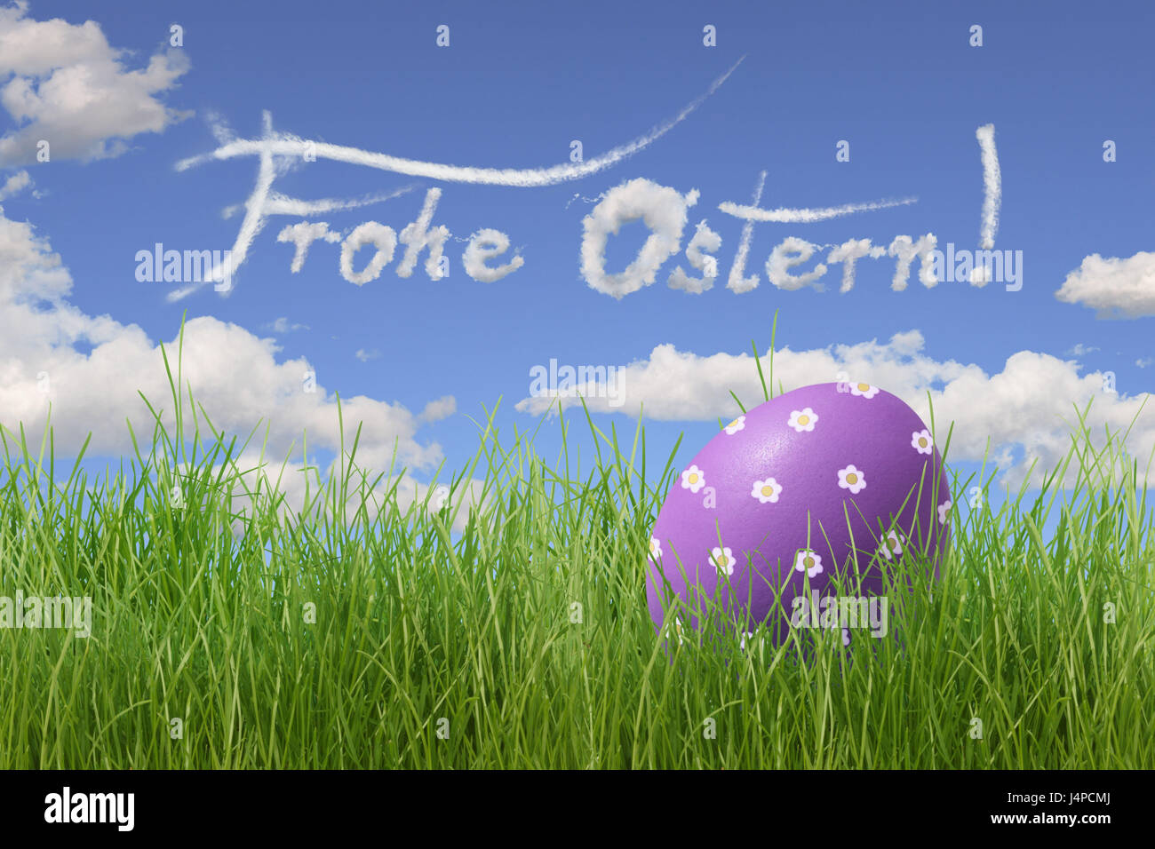 Wolken, Schlaganfall, Frohe Ostern, Osterei, Blümchenmuster, Rasen, Stockfoto