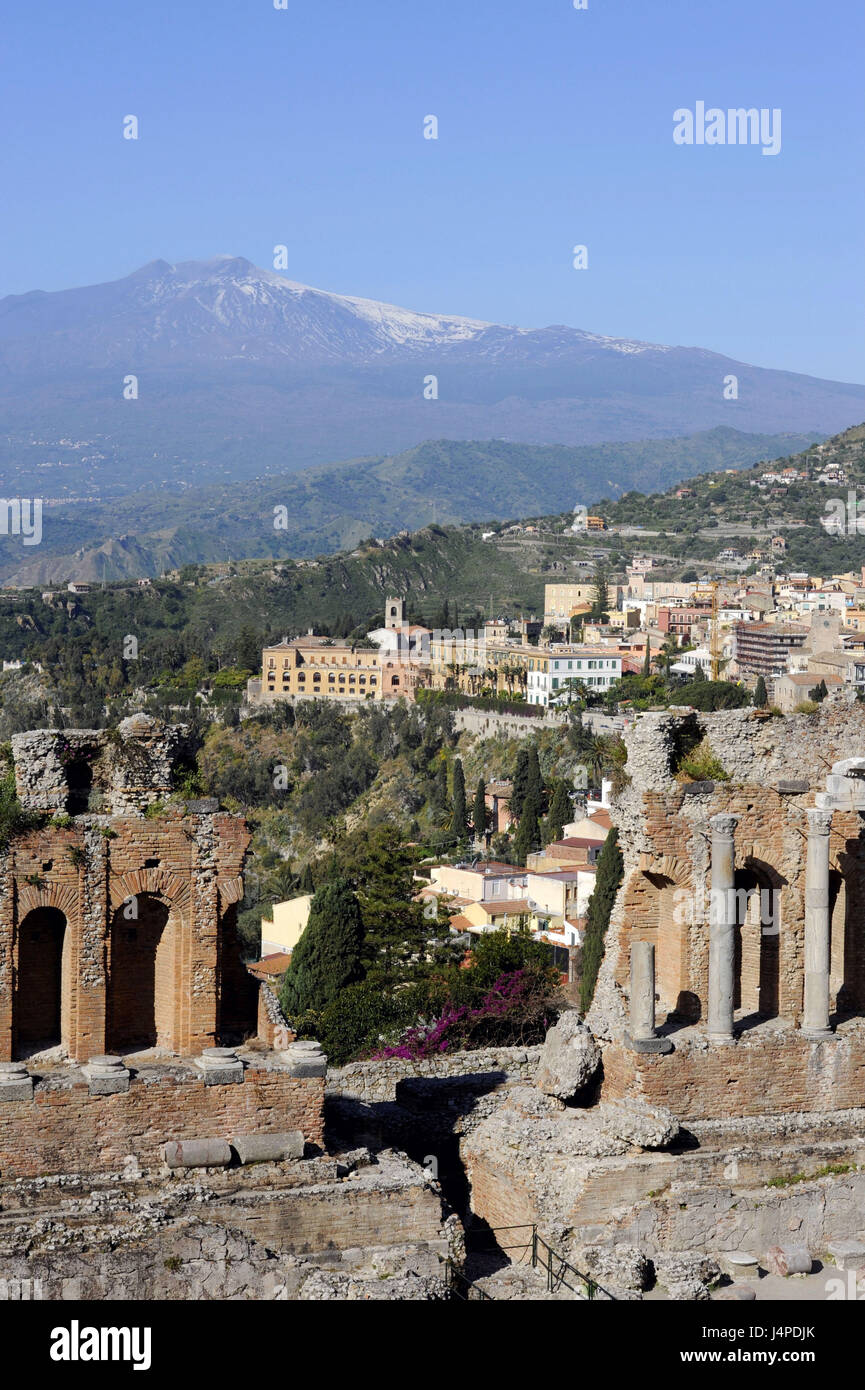 Italien, Sizilien, Taormina, griechische Amphitheater, Ätna, Stockfoto