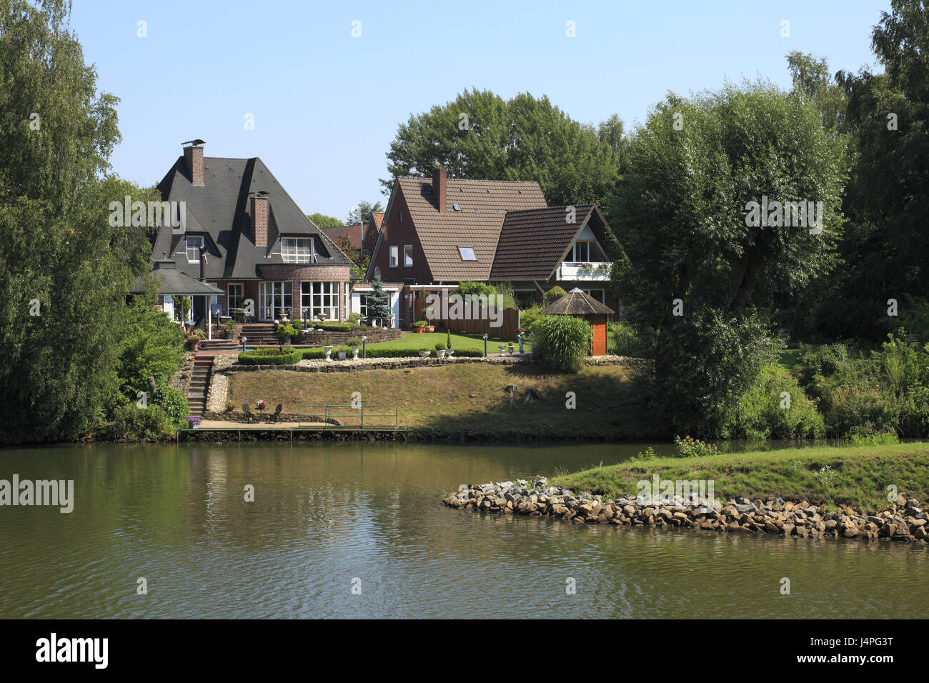 Deutschland, Meppen, Hares Valley, Emsland, Niedersachsen, Mündung, Hass Mund, Hase fließt in den Dortmund-Ems-Kanal, Wohnhäuser, Stockfoto