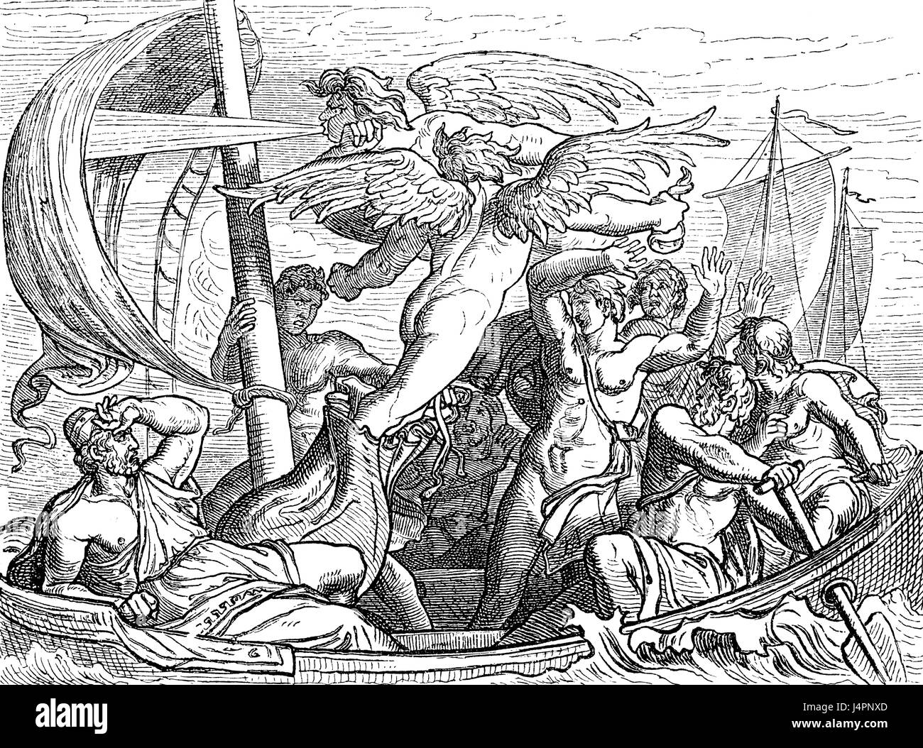 Das Schiff des Odysseus in stürmischer See, Aeolus, der Herrscher der Winde, Homers Odyssee Stockfoto
