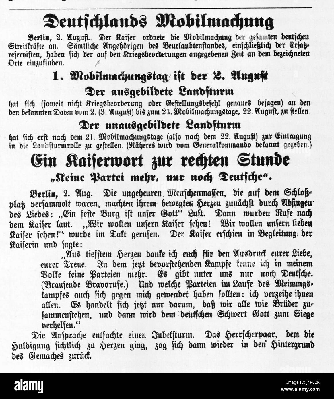 Die Uetersen Mobilmachung von 1914 bezieht sich auf die Mobilisierungsbemühungen in der deutschen Stadt Uetersen in den Anfängen des Ersten Weltkriegs. Sie war Teil der deutschen Militärbereitschaft, als in Europa Krieg ausbrach. Stockfoto