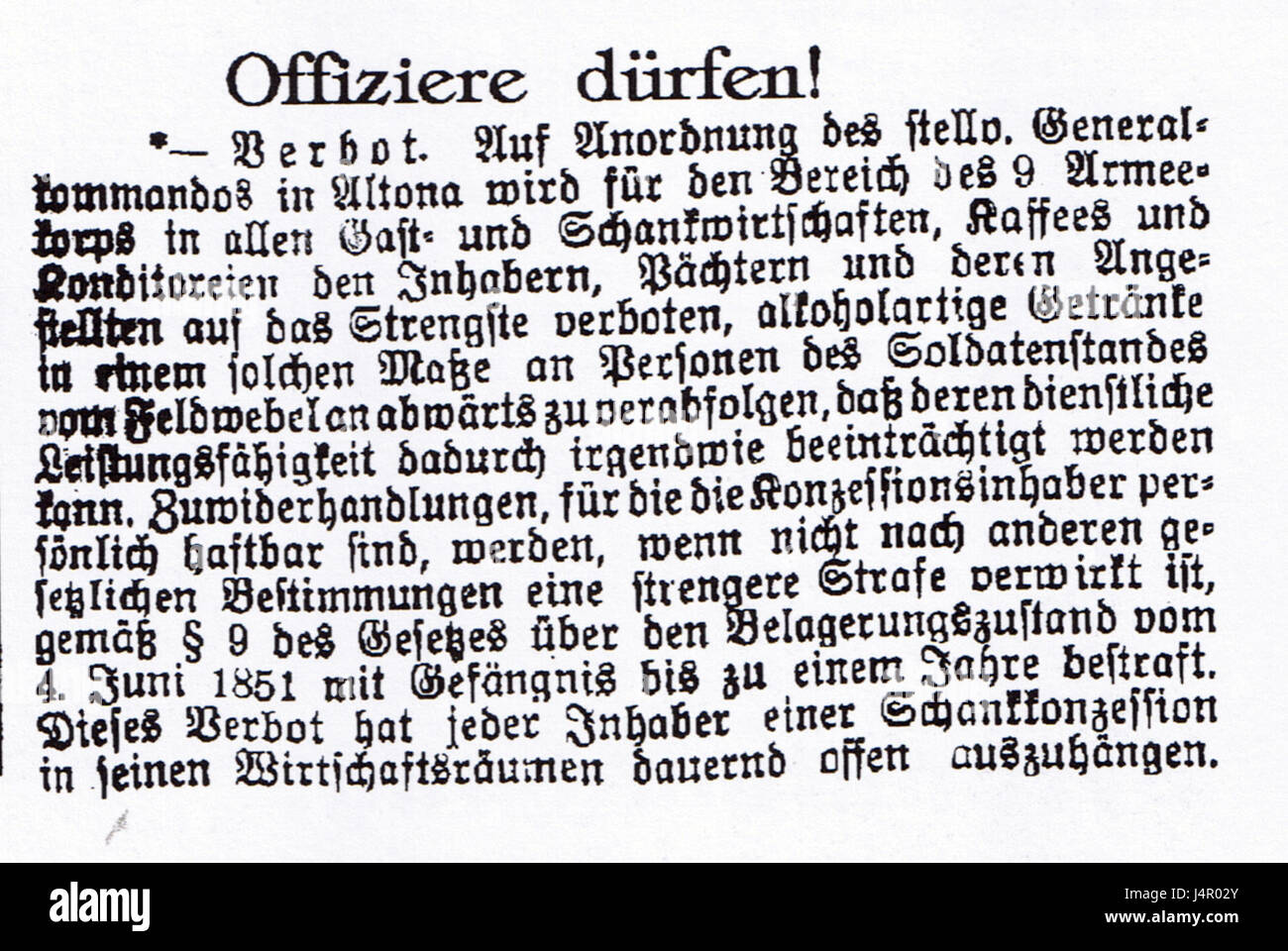 Das „Uetersen Alkoholverbot Soldaten“ bezieht sich auf ein historisches Dekret, das 1914 in Uetersen erlassen wurde und Soldaten den Konsum von Alkohol verbietet. Dies spiegelt die militärische Disziplin und die militärischen Vorschriften während des Ersten Weltkriegs wider Stockfoto