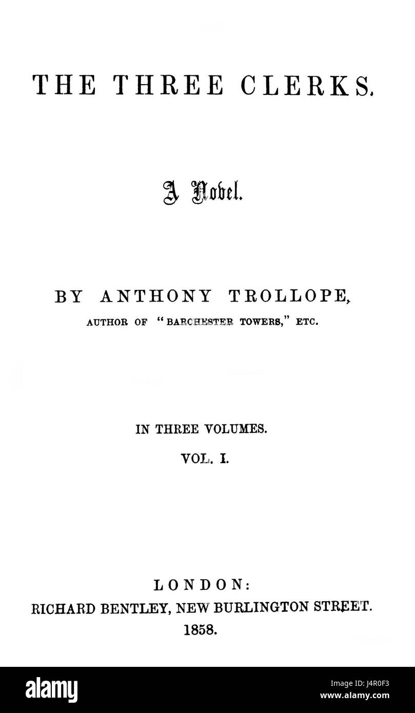 The Three Clerks ist ein Roman von Anthony Trollope, der erstmals 1858 veröffentlicht wurde. Die Geschichte erzählt das Leben von drei jungen Männern, die in den Rechtsberuf einsteigen, und hebt die persönlichen und beruflichen Herausforderungen hervor, denen sie gegenüberstehen. Stockfoto