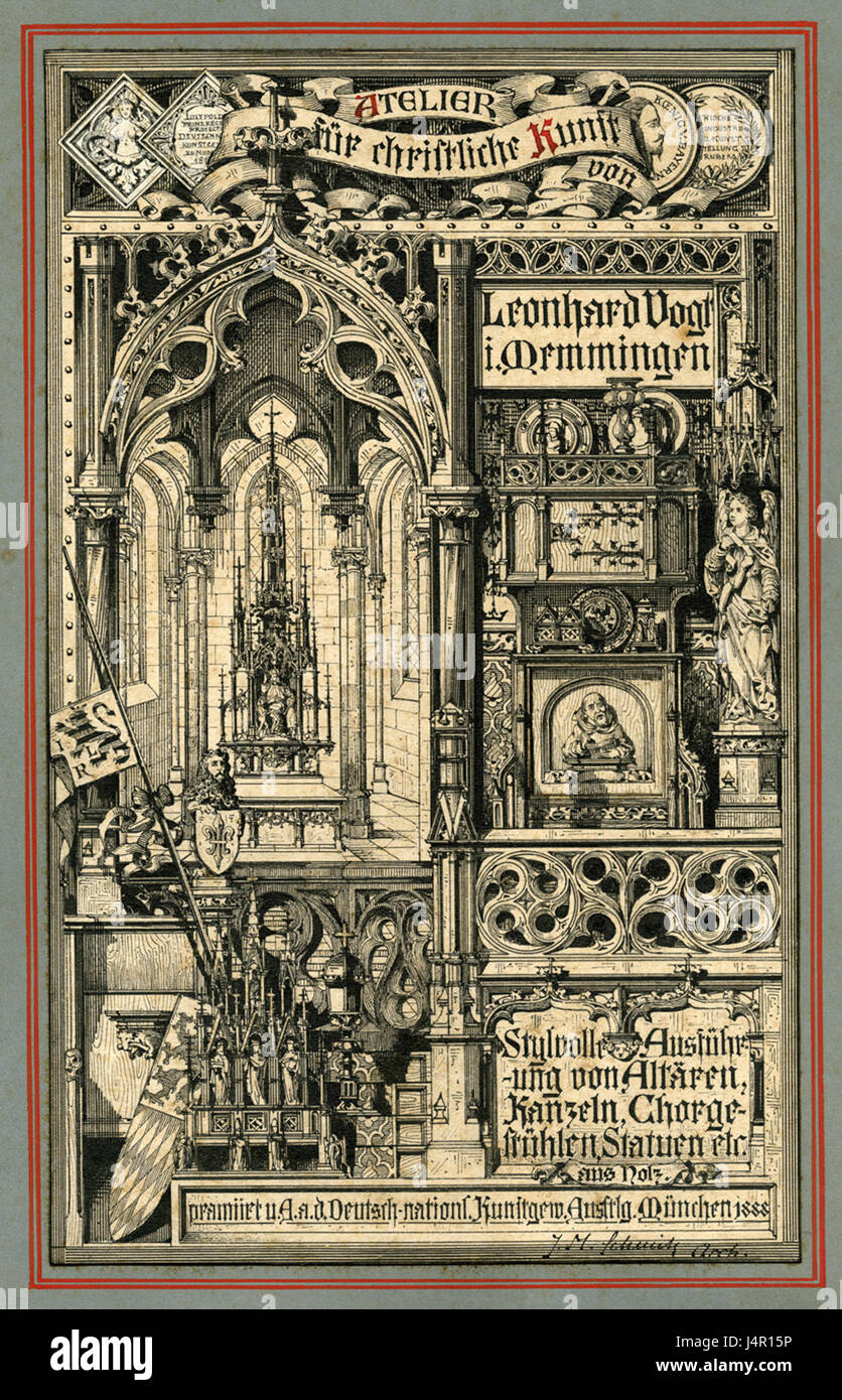 „Werbeinserat“ bezieht sich auf eine Werbeanzeige für das Atelier Leonhard Vogt, ein deutsches Studio oder Unternehmen, das für seine kreativen Dienstleistungen bekannt ist und wahrscheinlich im Zusammenhang mit Kunst oder Design steht. Stockfoto