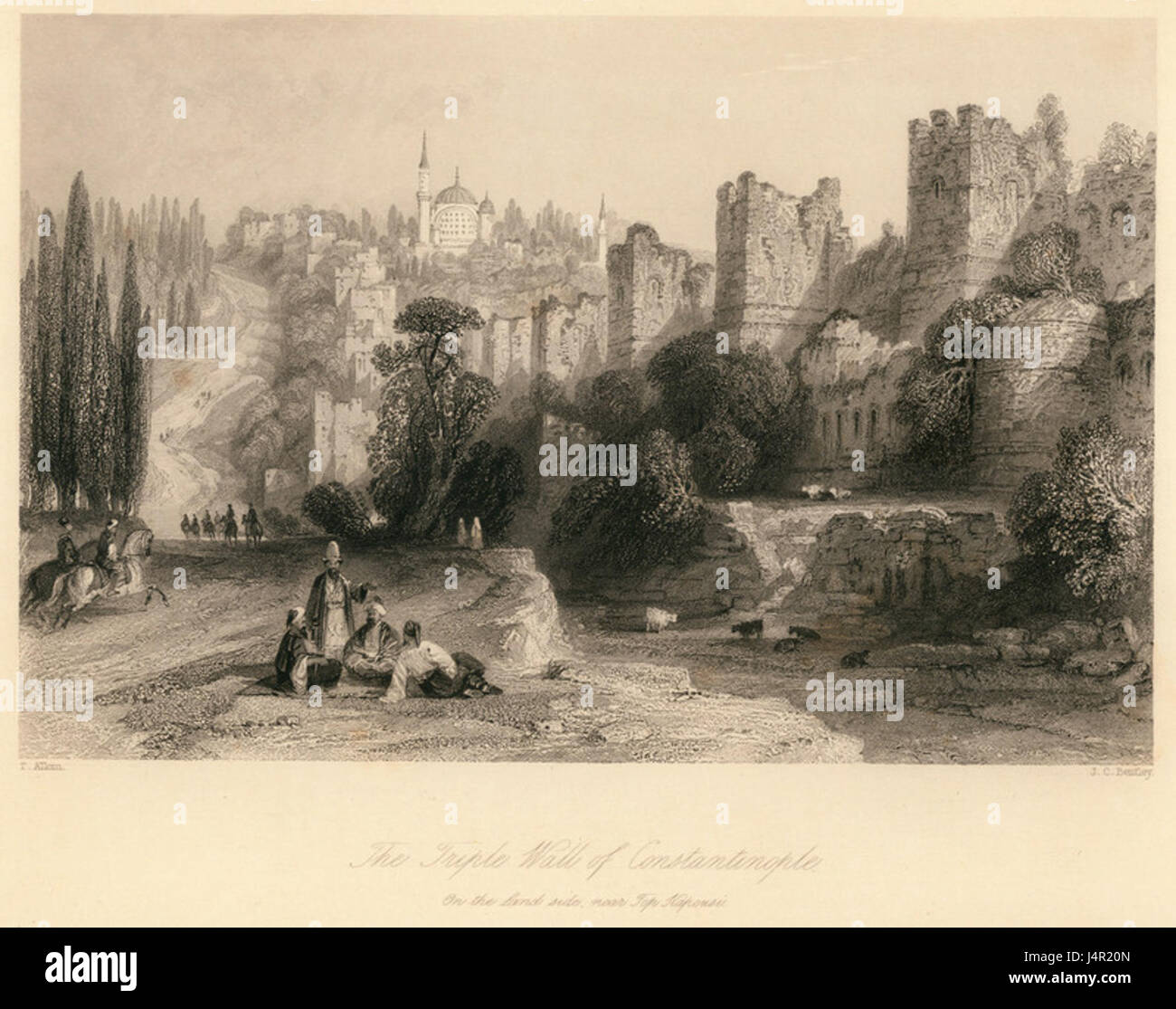 Triple Wall von Konstantinopel, auf der Landseite in der Nähe von Top Kapoussi Walsh Robert & Allom Thomas 1836 Stockfoto
