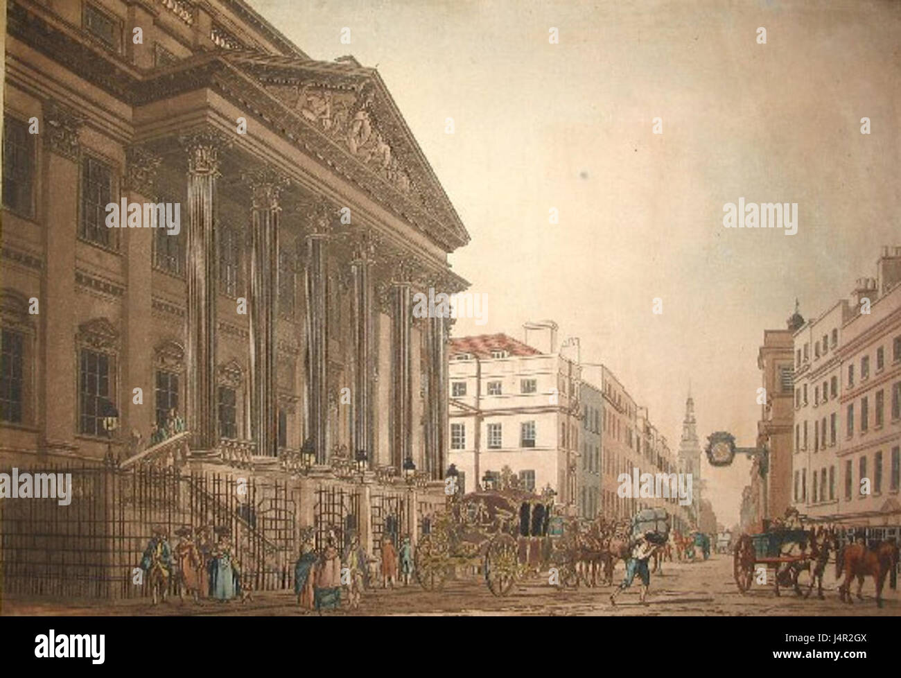 Thomas Maltonâ' Darstellung des Mansion House im Jahr 1793 zeigt historische Londoner Architektur, insbesondere das berühmte Mansion House, das Sitz des Lord Mayor of London ist. Das Kunstwerk bietet einen Einblick in die Gebäude aus der georgianischen Zeit und das städtische Design. Stockfoto