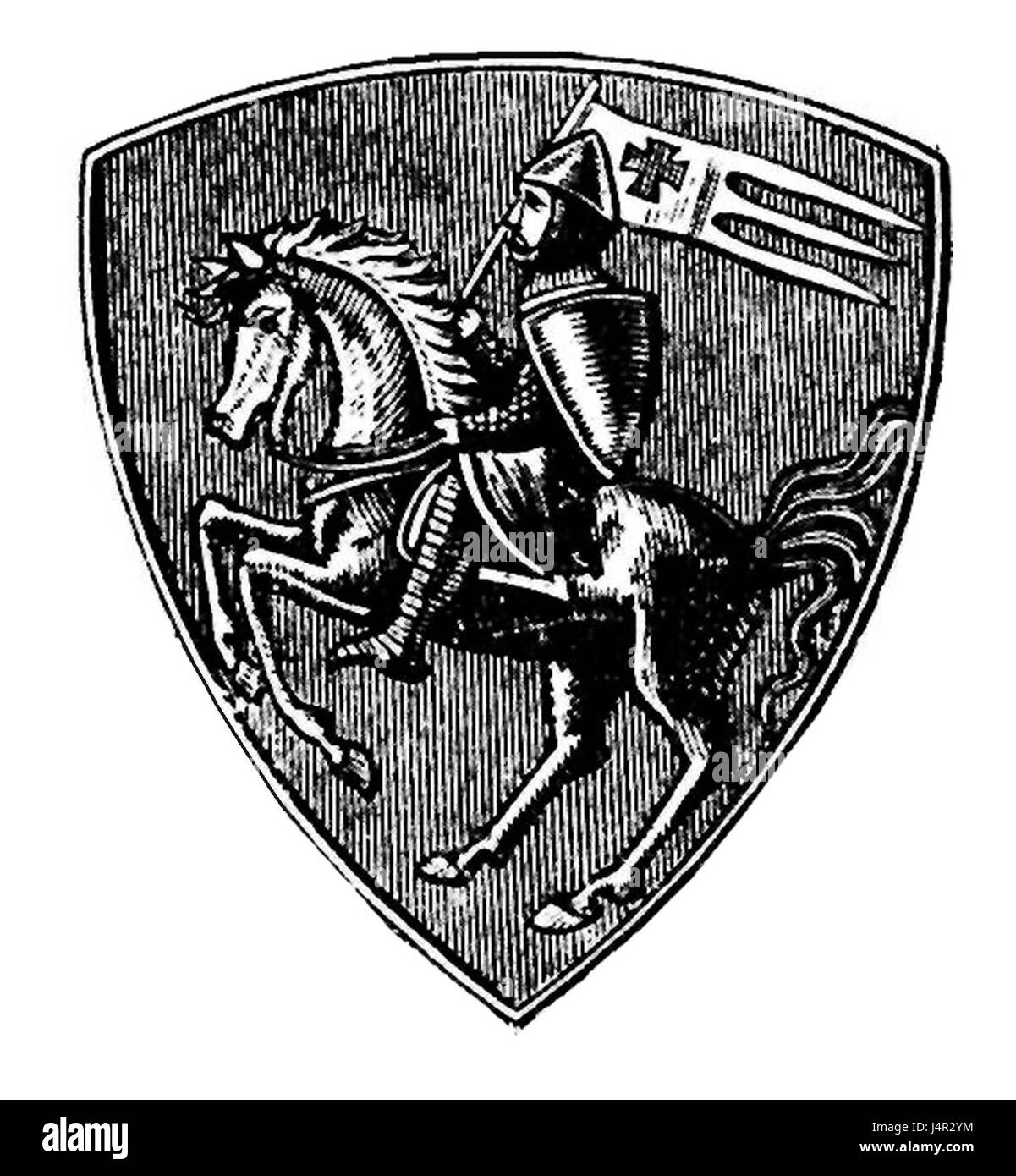 Das Volhynische Wappen stellt die historischen Symbole dar, die mit der Volhynischen Region, einem Gebiet in der heutigen Ukraine, verbunden sind. Das Wappen spiegelt das regionale Erbe und die historische Identität der Region im Mittelalter wider. Stockfoto