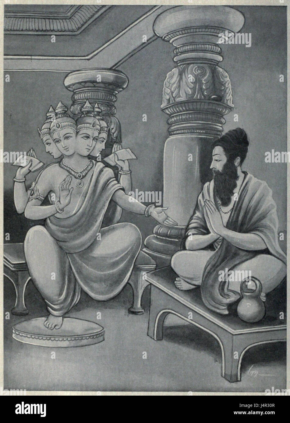 In der hinduistischen Mythologie ist Vasishtha einer der sieben großen Weisen oder Rishis, die oft neben Brahma, dem Schöpfergott, dargestellt werden. Sie sind Schlüsselfiguren in den religiösen und philosophischen Texten des alten Indien. Stockfoto