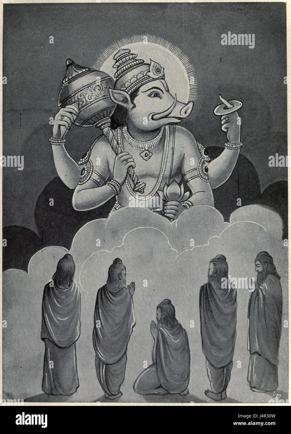 Varaha erscheint vor den Weisen“ ist eine Darstellung aus der hinduistischen Mythologie, die die Verkörperung des Ebers des Gottes Vishnu veranschaulicht. In dieser Erzählung erscheint Varaha vor Weisen, um die Erde wiederherzustellen, nachdem sie im kosmischen Ozean untergetaucht ist, was den Sieg des Guten über das Böse und die Erhaltung der kosmischen Ordnung symbolisiert. Stockfoto