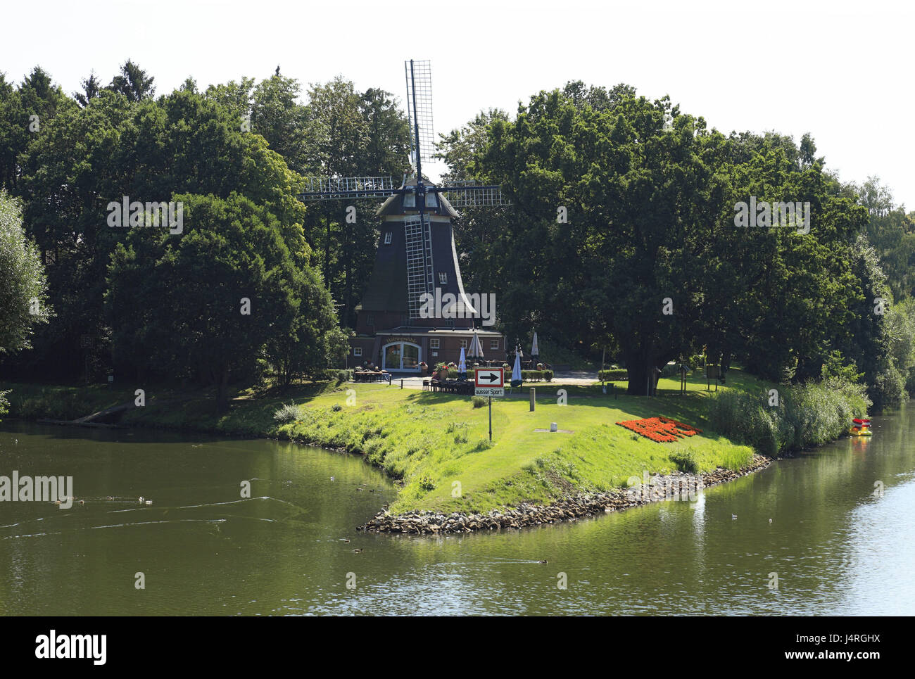 Deutschland, Meppen, Ems, Hase, Hase Tal, Emsland, Niedersachsen, Mündung, Hass Mund, Hase fließt in den Dortmund-Ems-Kanal, Windmühle, Höltingmühle, Stockfoto