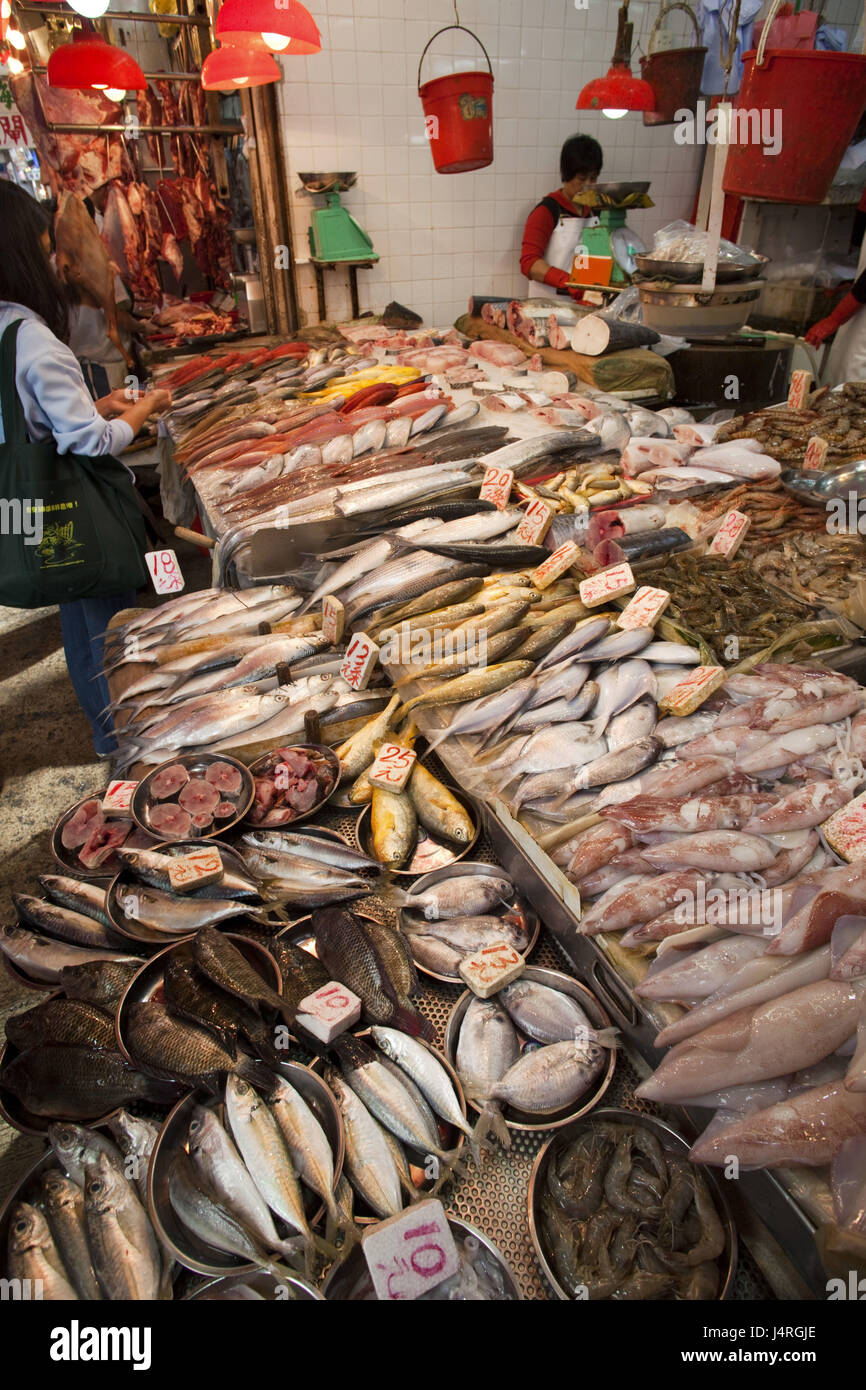 China, Hong Kong, Wanchai, Fisch Markt, Händler, Vertrieb, Speisefisch, Stockfoto