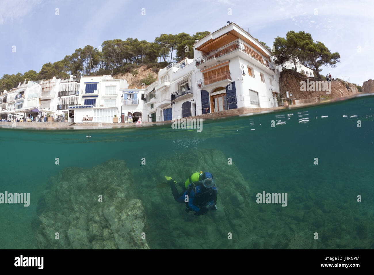 Taucher, Riff von Tamariu, Tamariu, Costa Brava, Mittelmeer, Spanien, Stockfoto