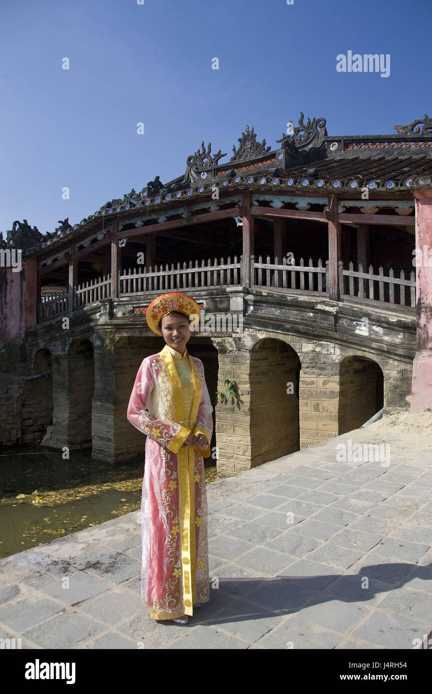 Vietnam Hoi an In Japanisch zu überbrücken, Chua Cau, Frau, Lächeln, Stockfoto
