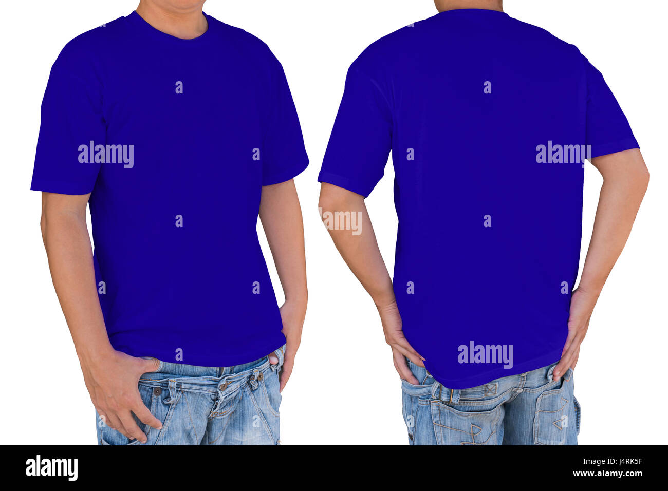 Mann mit leeren Marineblau Farbe T-shirt mit clipping-Pfad, Vorder- und Rückansicht. Vorlage für einfügen Logo, Muster oder ein Kunstwerk. Stockfoto