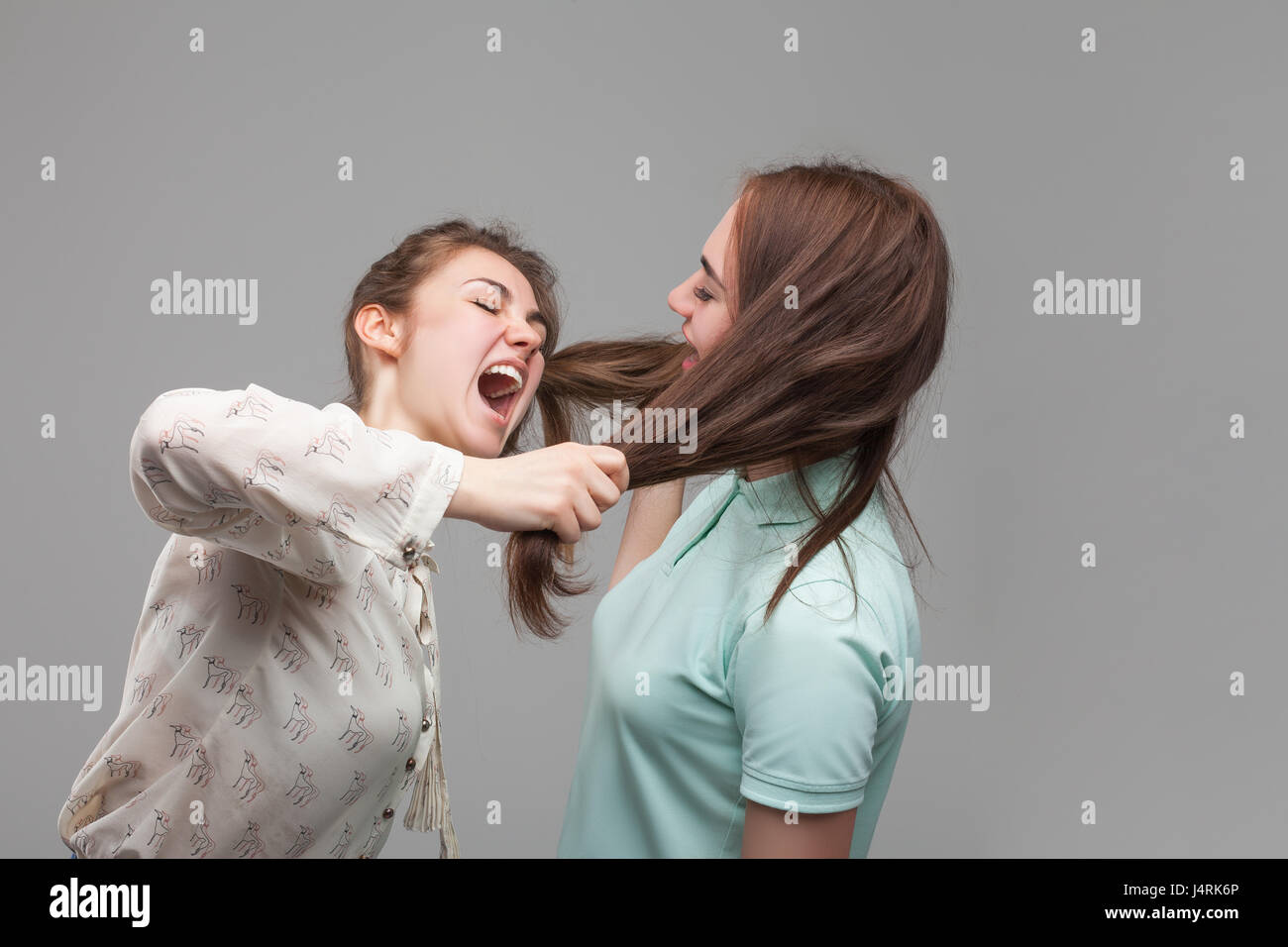 Zwei Mädchen kämpfen, Frauen Streit, Studio Fotoshooting. Freundinnen ziehen einander für Haar Stockfoto