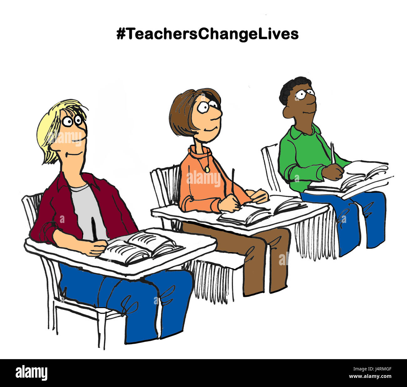 Bildung Cartoon Illustration zeigt drei alert Studenten und "#TeachersChangeLives". Stockfoto