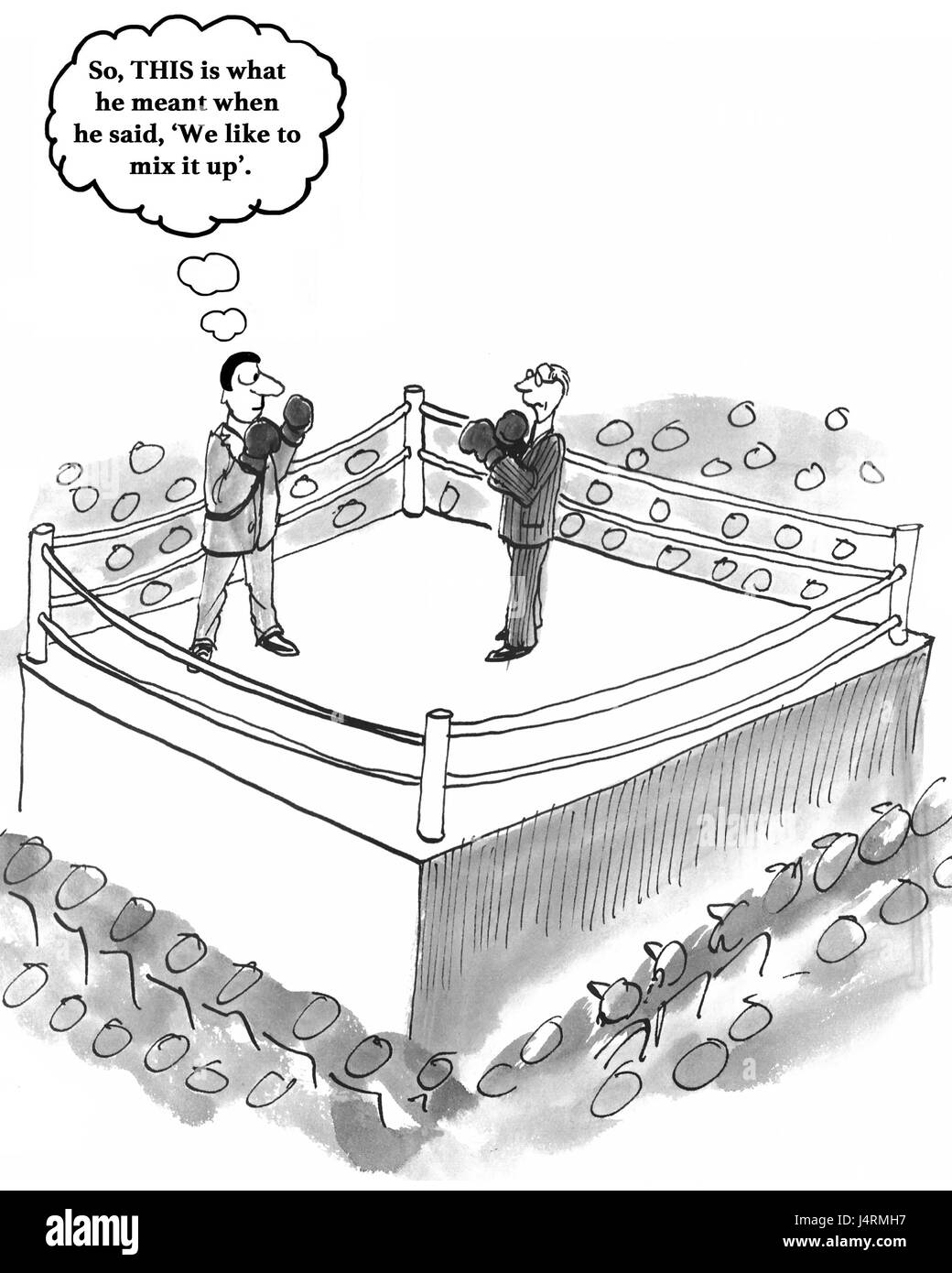 Geschäftliche Cartoon über eine Unternehmenskultur, die gerne "es mischen". Stockfoto
