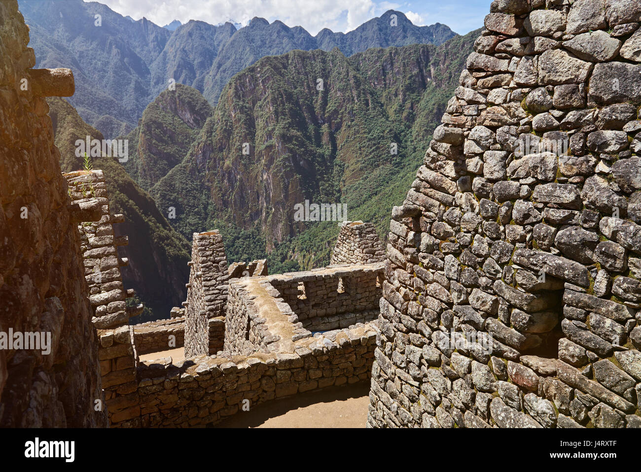 Inca antiken Stadt Machu Picchu in Peru. Alte Häuser aus Stein Ziegel Stockfoto