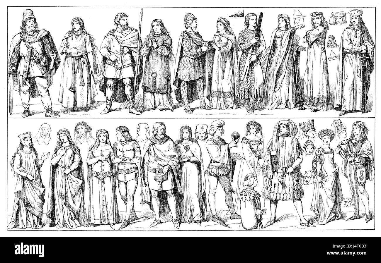 Mittelalterliche Kleidung, deutschen traditionellen Verschleiß im XIV Jahrhundert, Mittel- und Oberklasse Stockfoto