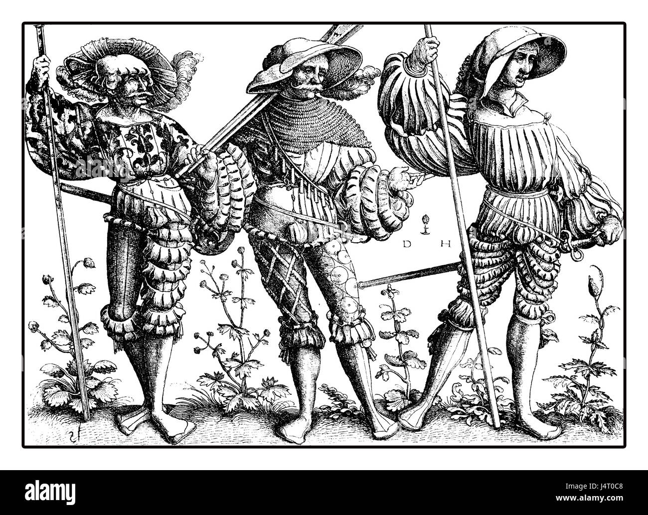 Lansquenet gewaltige und bunte Söldner Soldaten zu Fuß von Daniel Hopfer Gravur, XVI. Jh. Stockfoto
