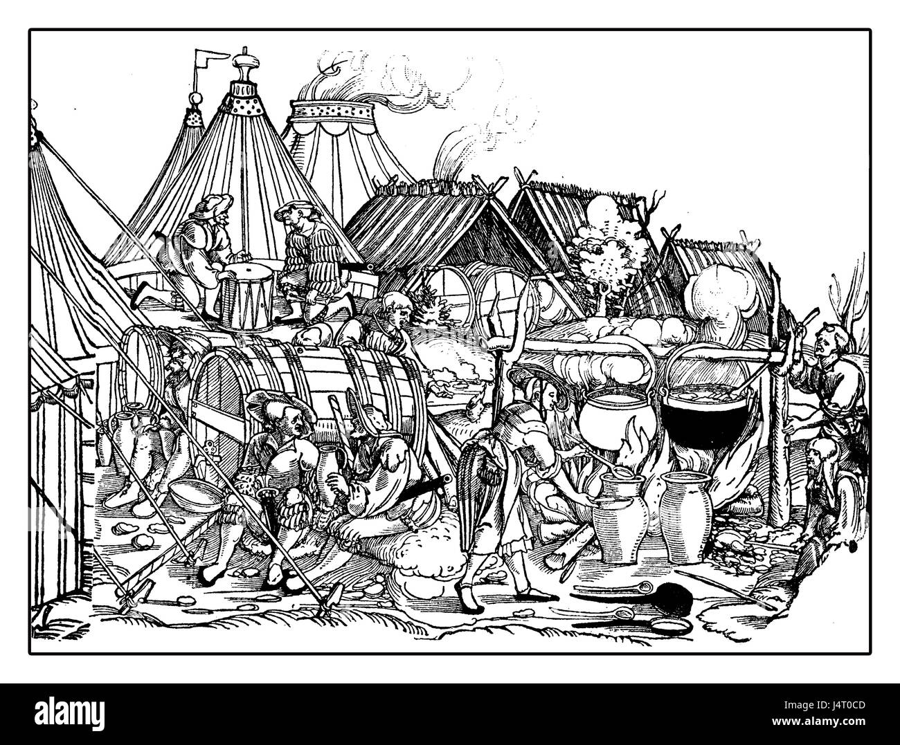 Lansquenet gewaltige und bunte Söldner Soldaten zu Fuß in ihr Lager XVI Jahrhundert Gravur Stockfoto