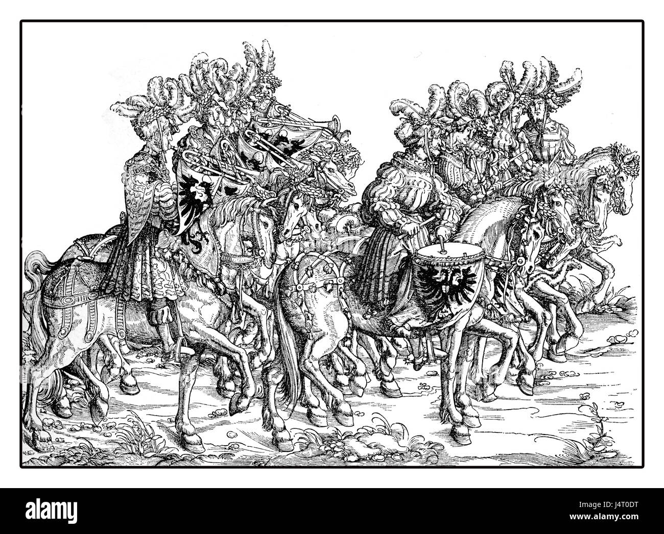 Reiten Trompeter und Schlagzeuger in festlichen Prozession von Hans Burgkmairs Triumph von Maximilian I, monumentale Holzschnitt gedruckt von vielen Künstlern des XVI. Jahrhunderts Stockfoto
