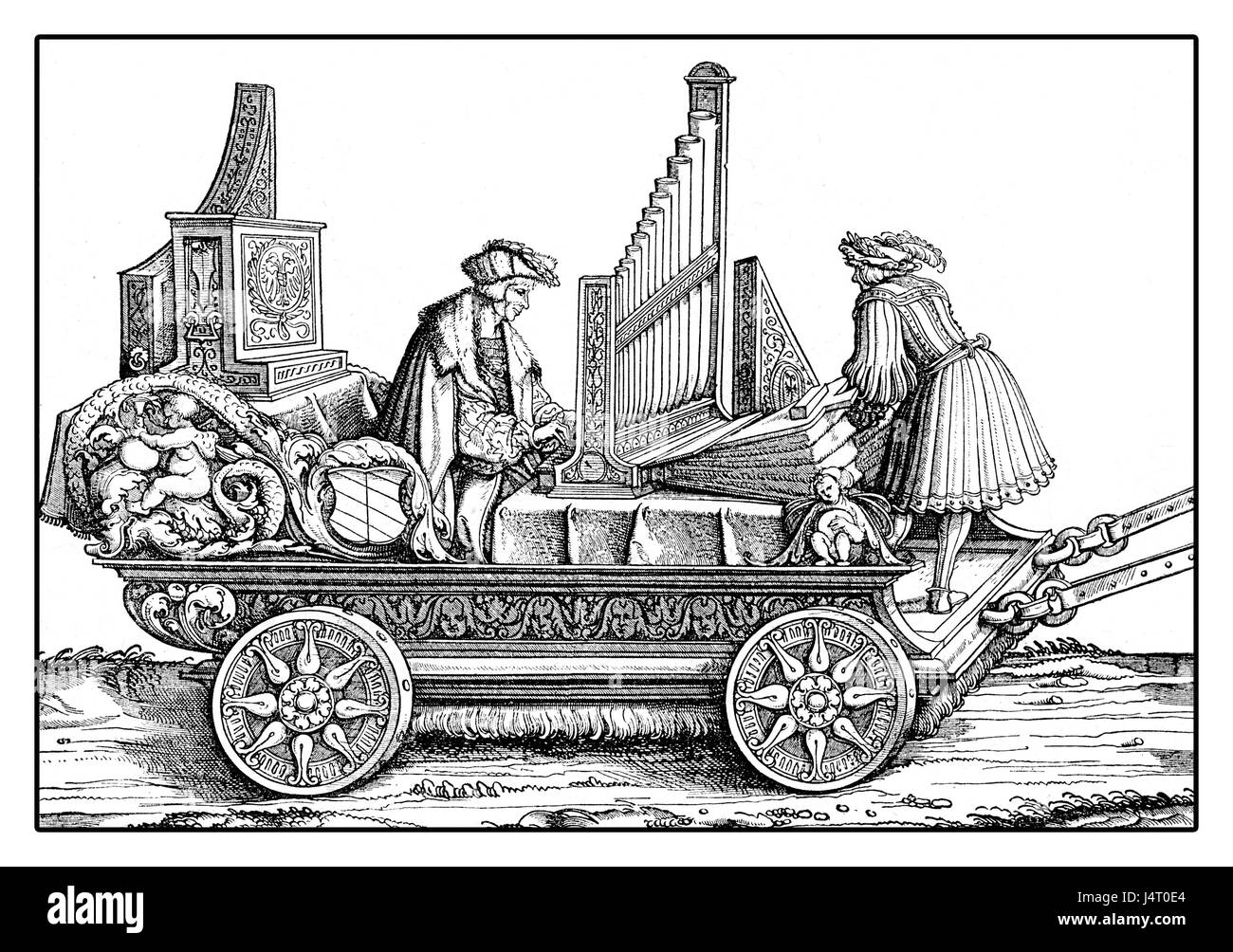 Wagen mit Orgel und Musicants spielen in einer festlichen Prozession von Hans Burgkmairs Triumph von Maximilian ich druckt monumentale Holzschnitt von vielen Künstlern des XVI. Jahrhunderts Stockfoto