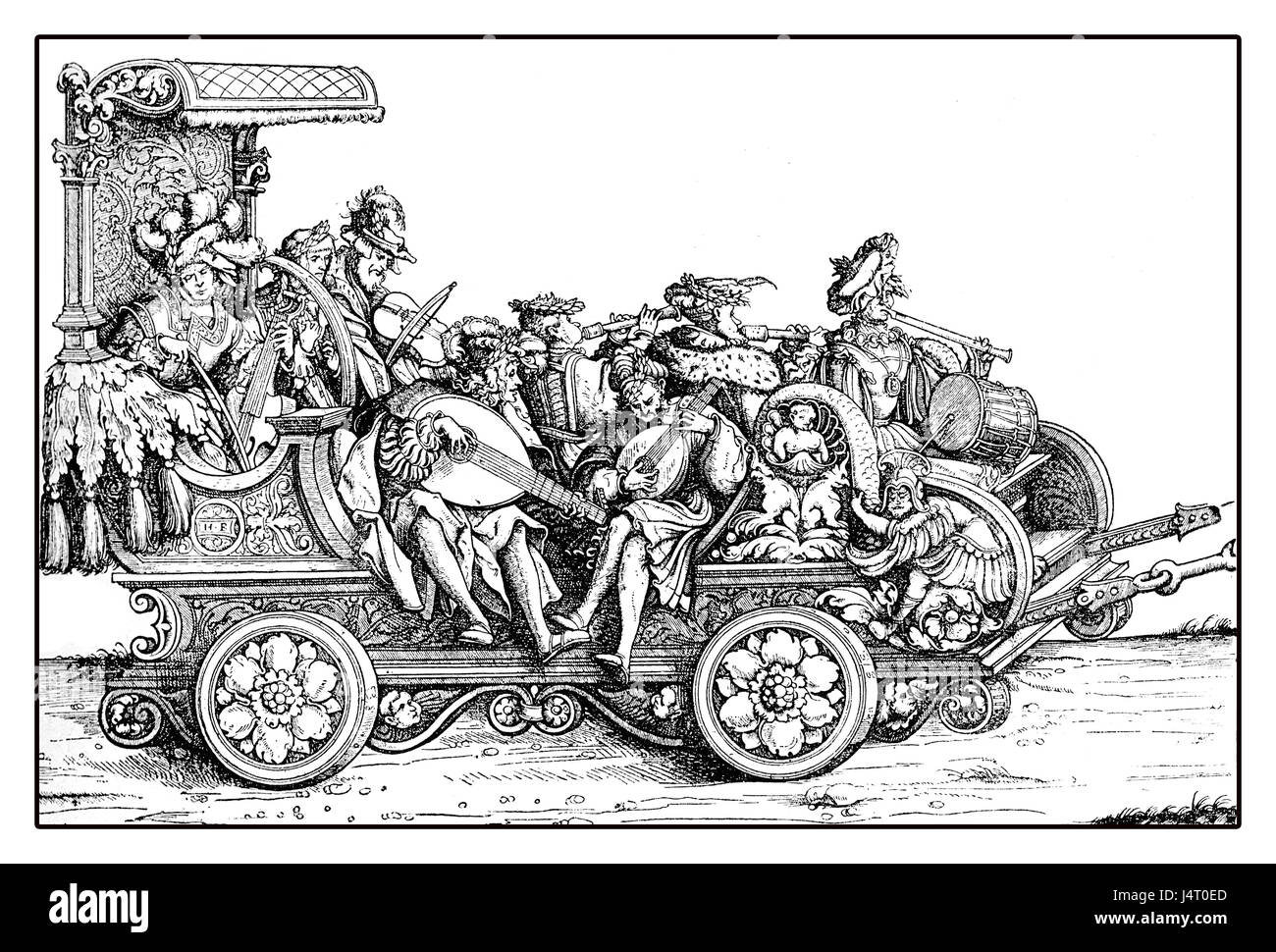 Wagen Sie mit Spielleuten und Musicants spielen auf einem reich geschmückten Wagen in einer festlichen Prozession von Hans Burgkmairs Triumph von Maximilian I, monumentale Holzschnitt gedruckt von vielen Künstlern des XVI. Jahrhunderts Stockfoto